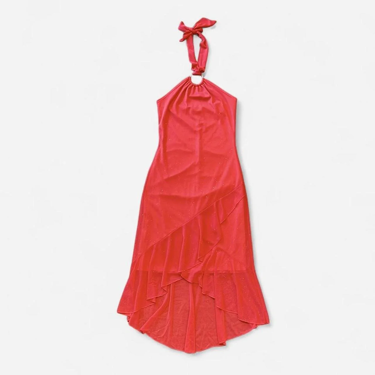 Y2K Coral Glitter Halter Dress