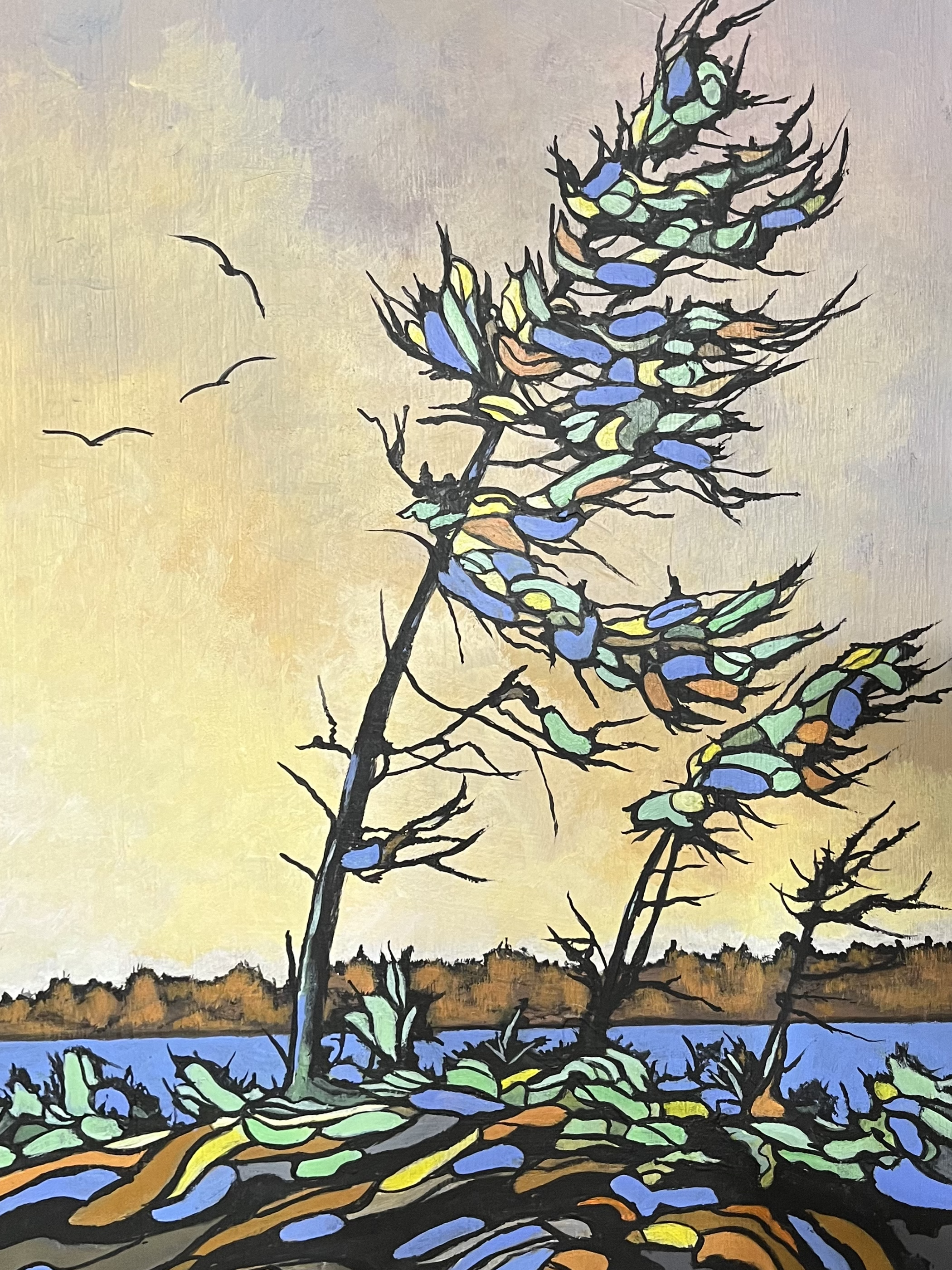 A painting of a landscape with leafless trees and a sunset sky in the background. The ground depicts illustrated soil and plant roots with vivid colors like blue, green, yellow, orange, and brown.