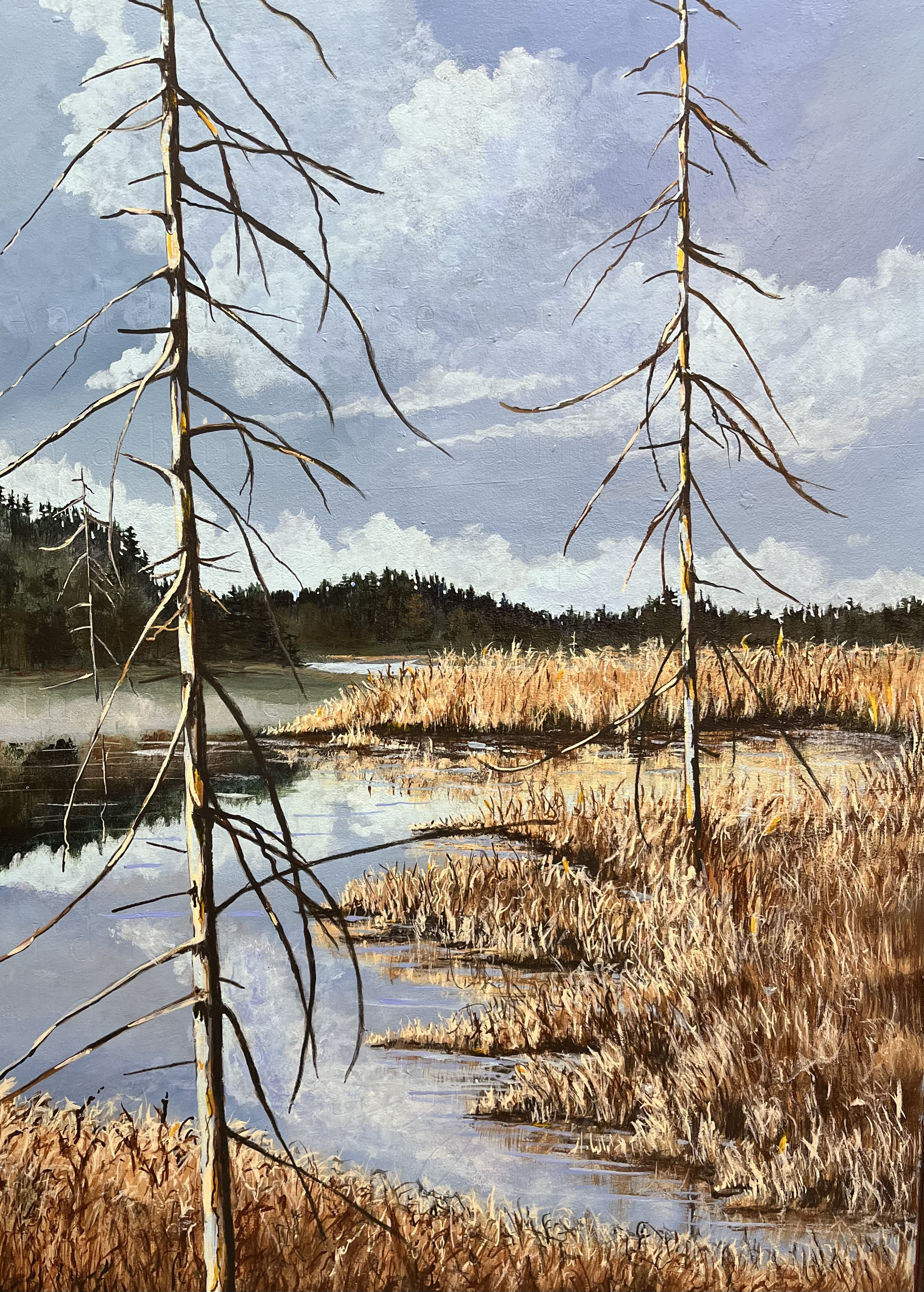 A painting of two dead trees in a swamp, with water and dry grass at the foreground, a line of trees in the distance, and a cloudy sky.