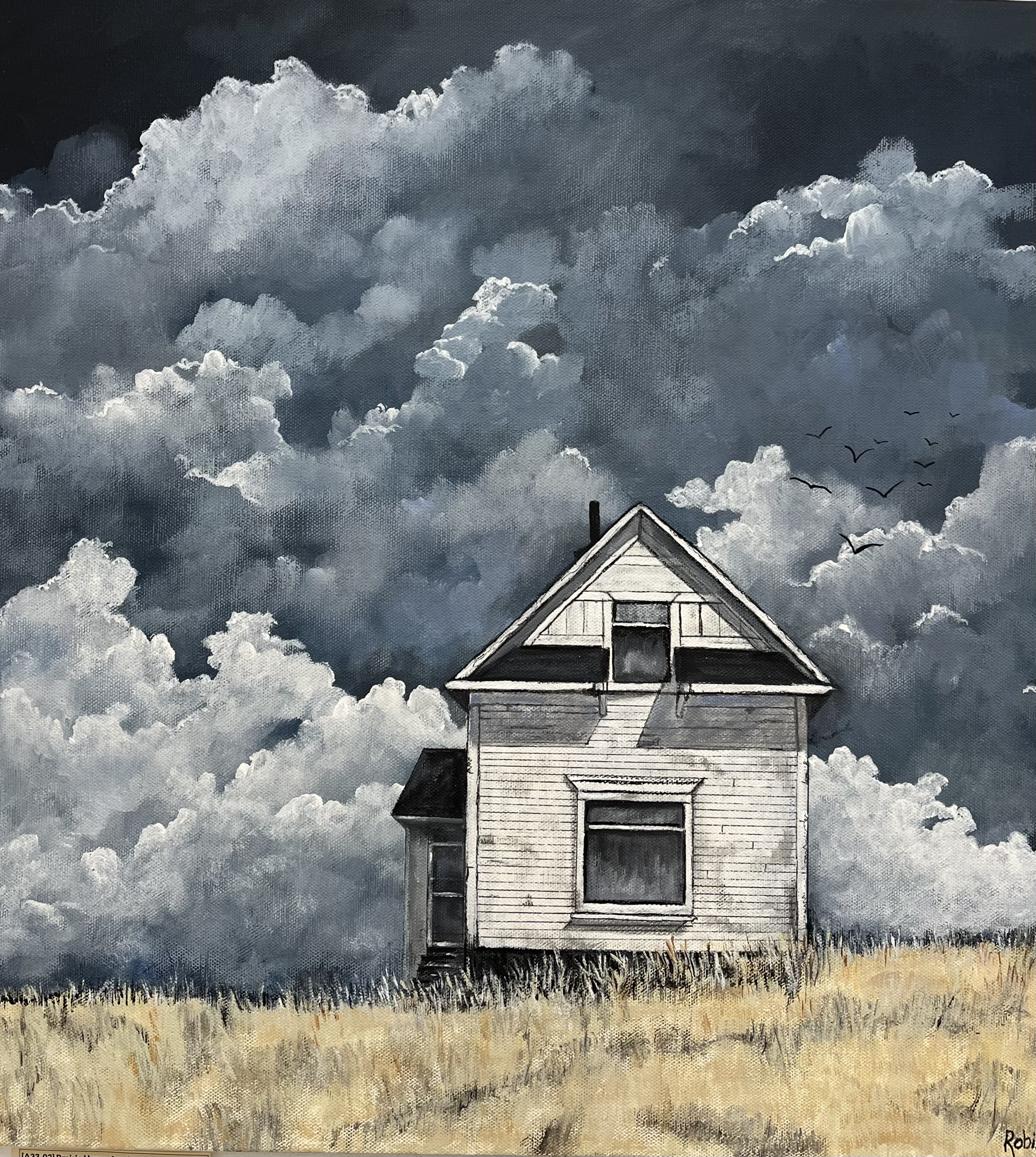 A painting of a house with weathered white siding and a gable roof, set against a cloudy sky with dark storm clouds and a small flock of black birds flying in the distance. The foreground features a grassy field with tall, dry grass.
