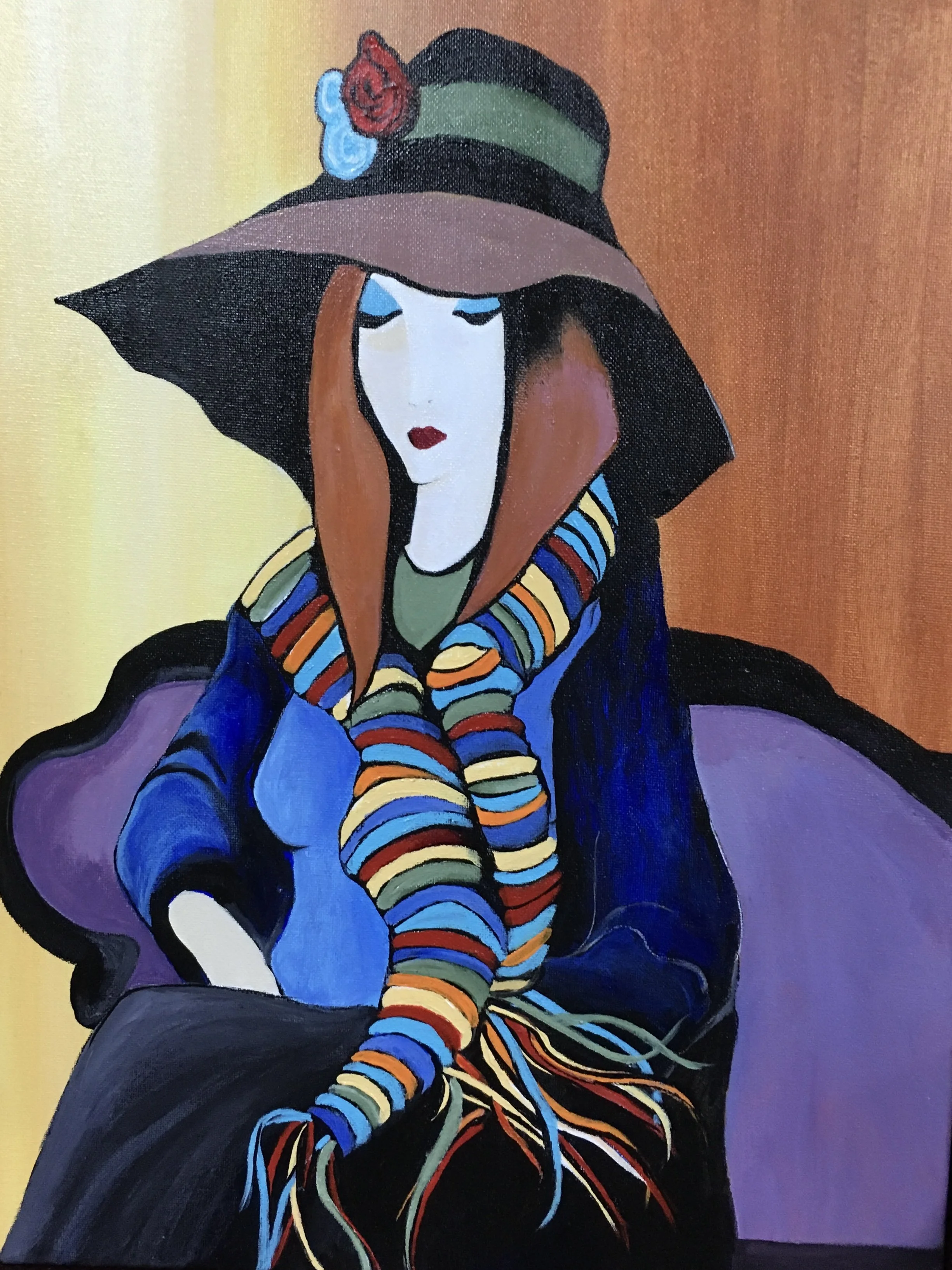 Painting of a woman with long red hair, closed eyes, wearing a wide-brimmed hat adorned with a red rose and blue flower, and a multicolored striped scarf, sitting against a background divided into yellow, orange, and purple sections.