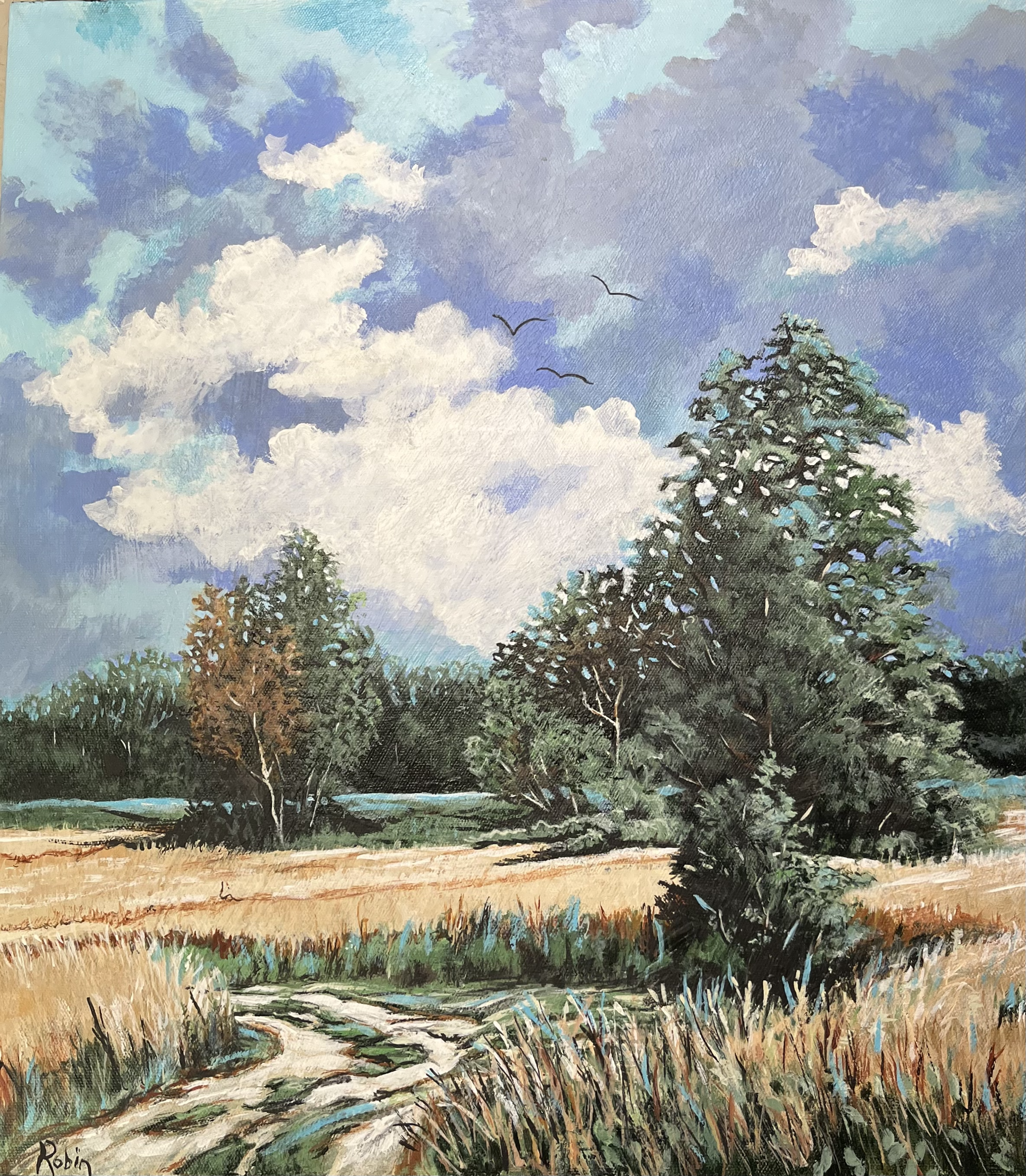 A landscape painting featuring a dirt path winding through tall grass, dense trees on the sides, and a partly cloudy sky with birds flying.