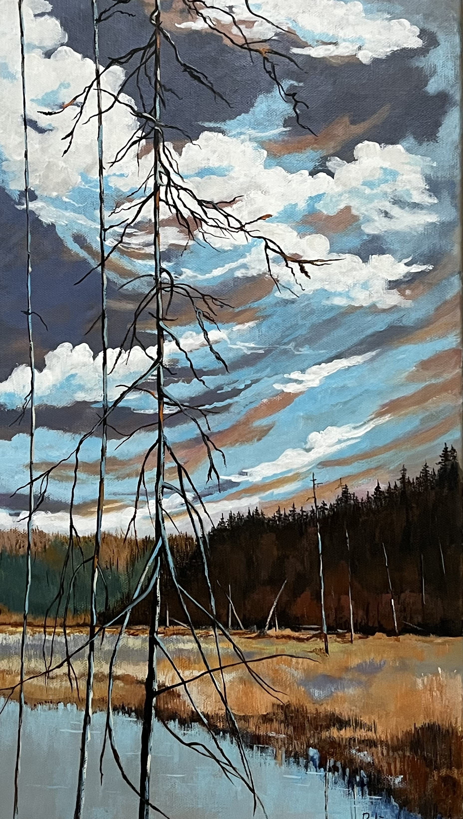 A landscape painting of a cloudy sky with dark and light clouds, a barren tree in the foreground, and a forested area with a pond reflecting the sky in the foreground.