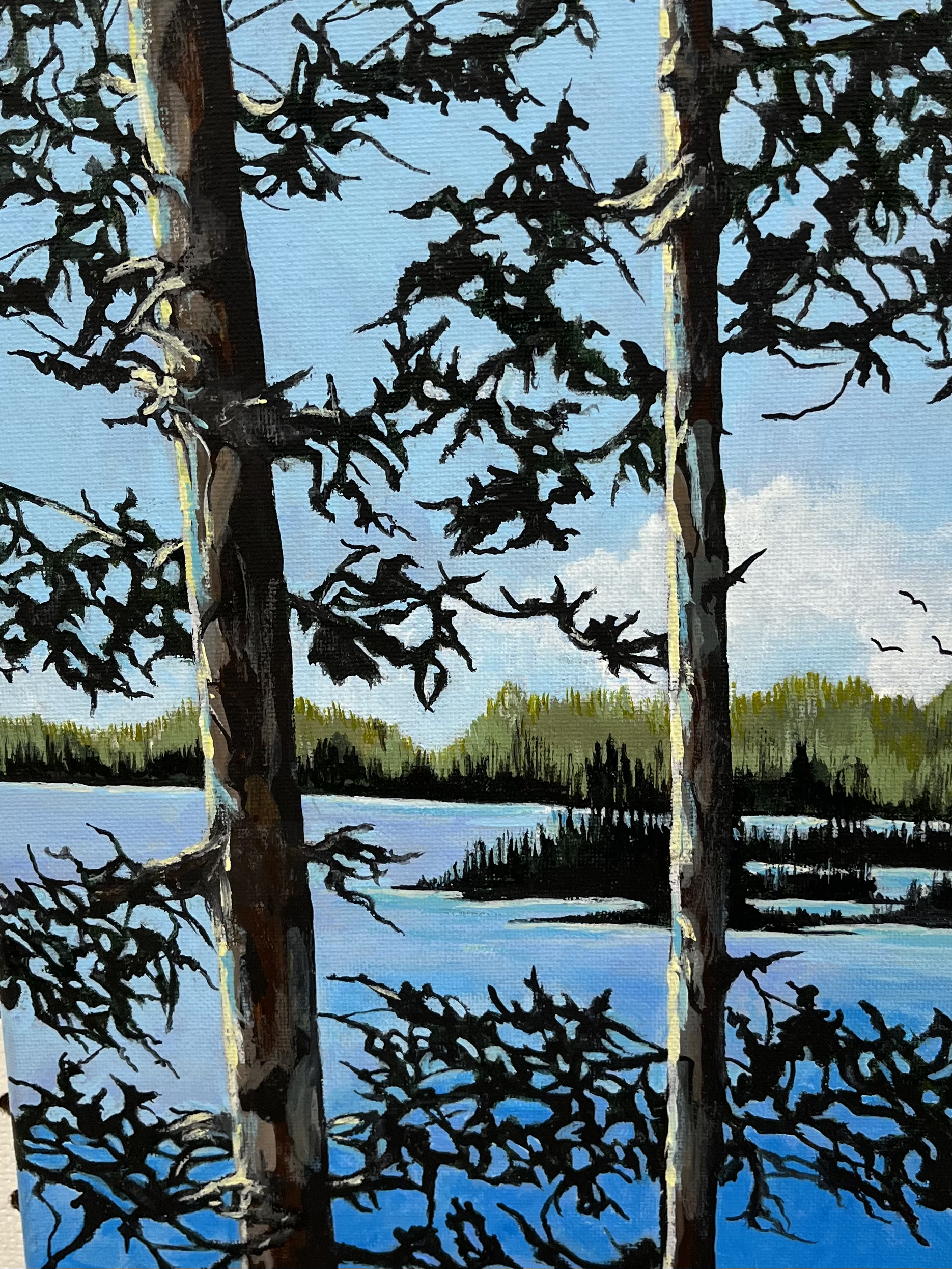 Landscape painting of trees near a body of water with a blue sky and distant green trees in the background