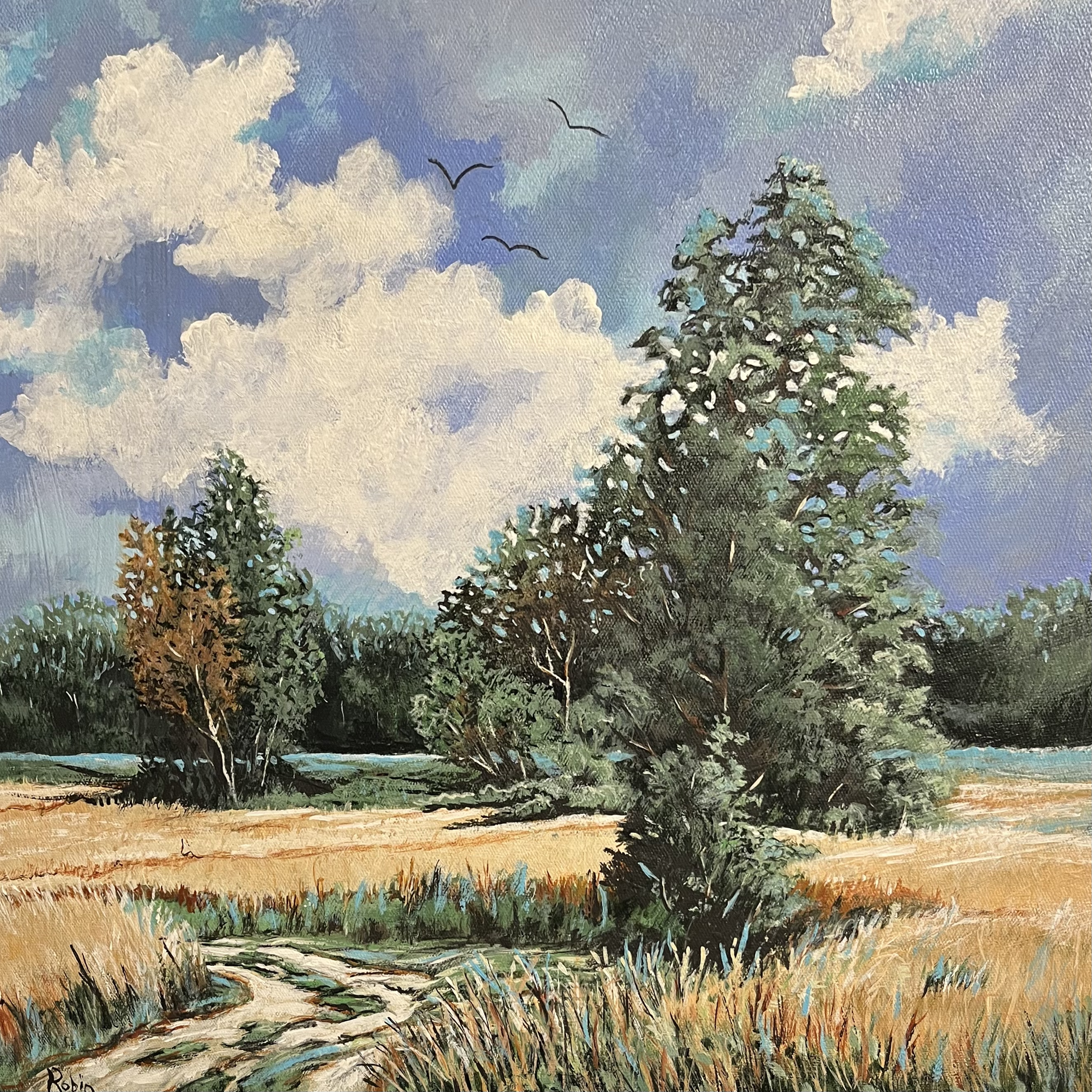 A landscape painting depicting a sky with fluffy clouds and a few birds flying, a tall, green pine tree on the right, and a forest with trees and grass on the ground, with earthy and blue tones.