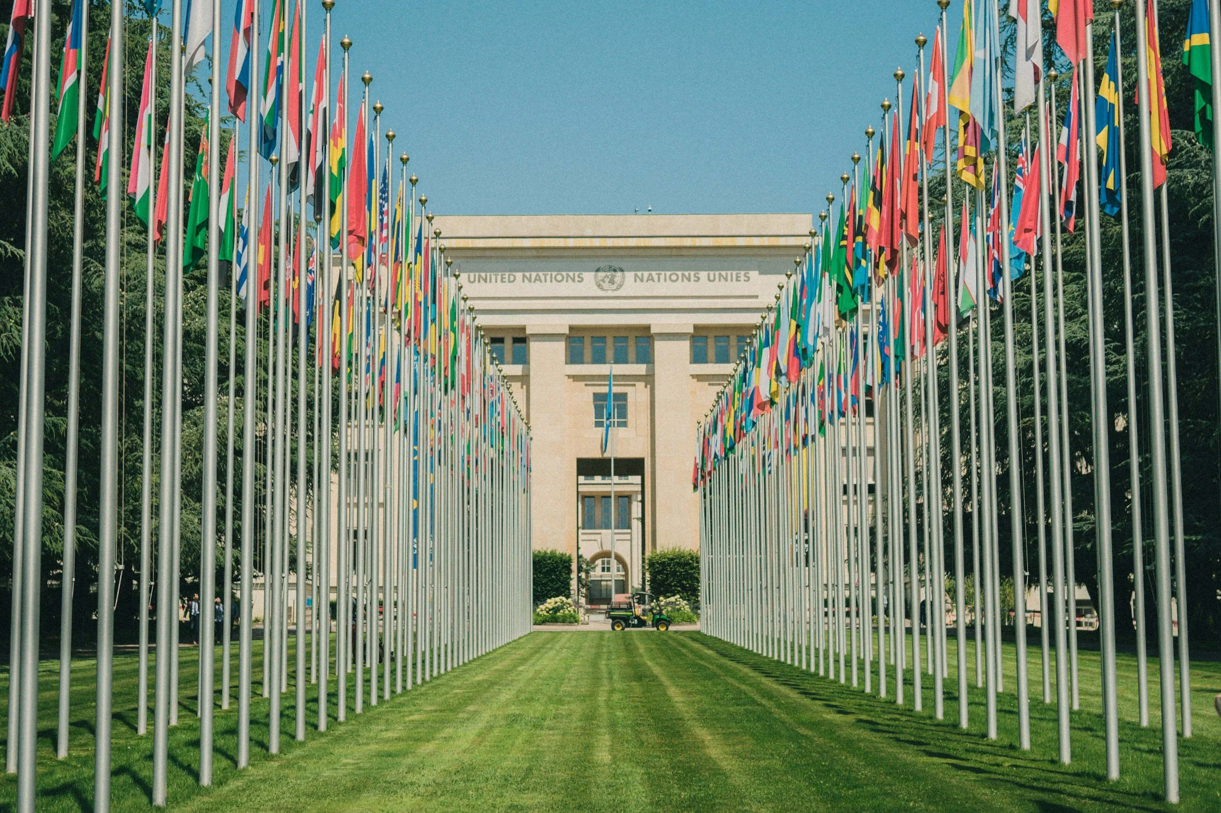 The image shows a pathway leading to the United Nations building, lined with numerous international flags on tall flagpoles on both sides. The building has a sign with the United Nations emblem and name, and the sky is clear with some green trees visible around.