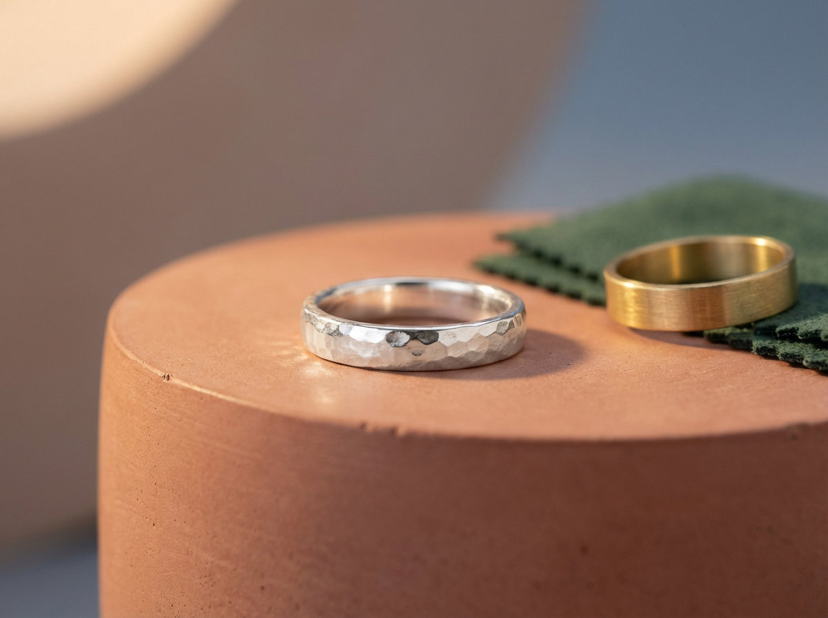 Close-up of silver and gold wedding rings on a pinkish-orange surface, with a green cloth underneath the gold ring.