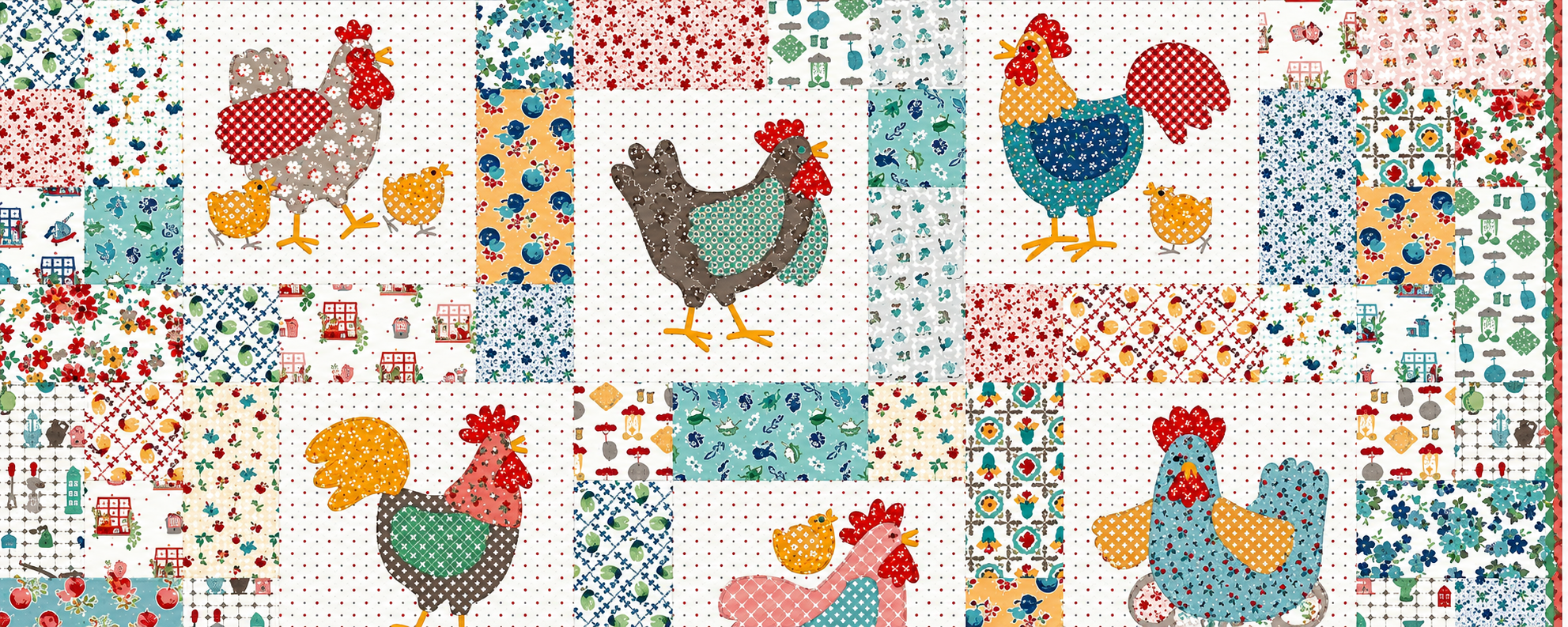 A patchwork quilt featuring various colorful fabric patterns and applique designs of roosters and hens.
