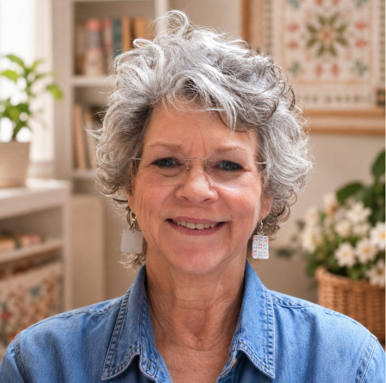 Smiling middle-aged woman with curly gray hair, wearing glasses, a denim shirt, and patterned earrings, in a cozy home setting with books and plants in the background.