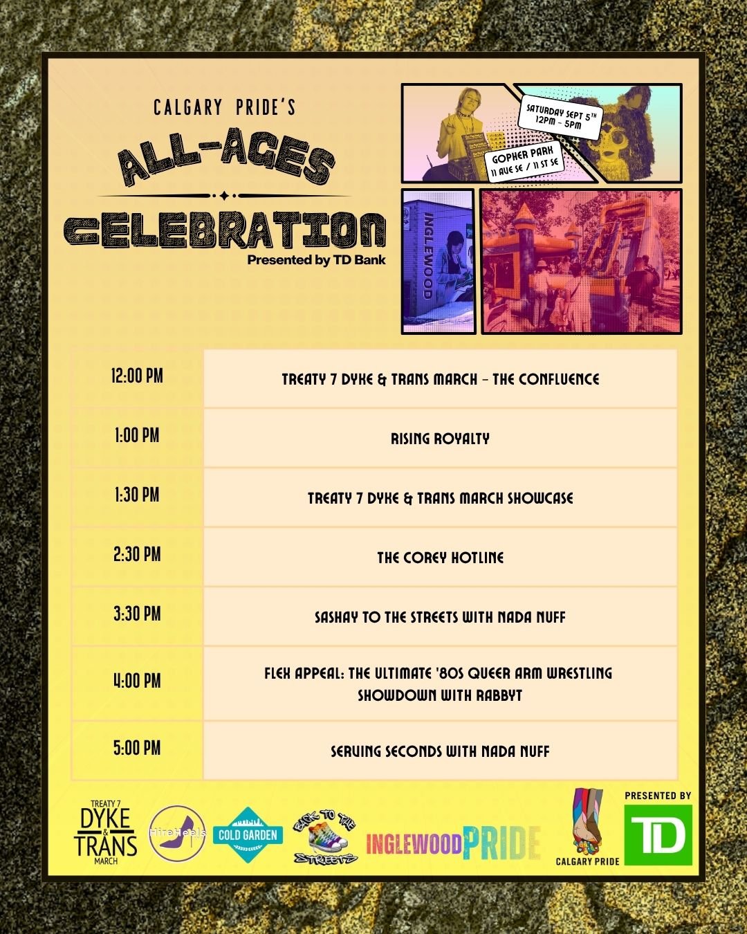 Calgary Pride All-Ages Celebration poster for Saturday, September 5, from 1 to 6 p.m., featuring free community programming and the Treaty 7 Dyke and Trans March. Presented by TD.