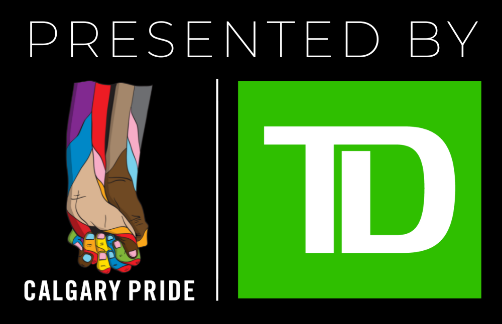 A badge with two hands interlocked, one hand colored with rainbow pride colors, representing LGBTQ pride, with the text 'Presented by Calgary Pride' and a green square with white 'ID' logo, indicating an ID or identification related to Calgary Pride.