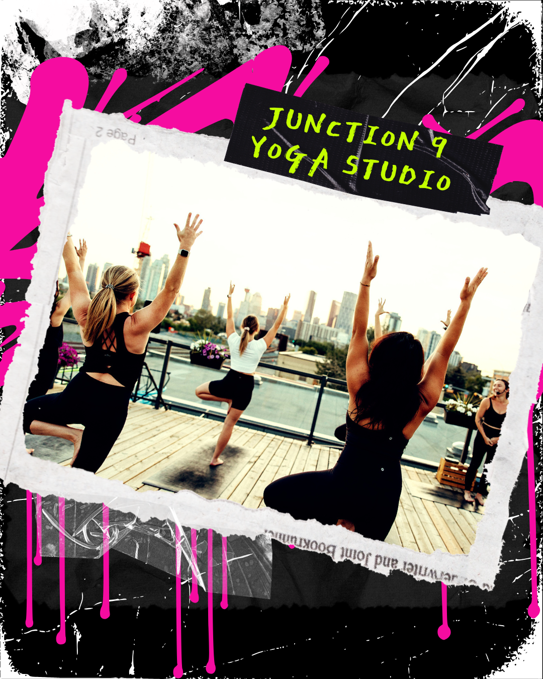 Yoga class on the rooftop patio at Junction 9 Yoga & Pilates in Inglewood, with participants practicing outdoors against the city skyline.