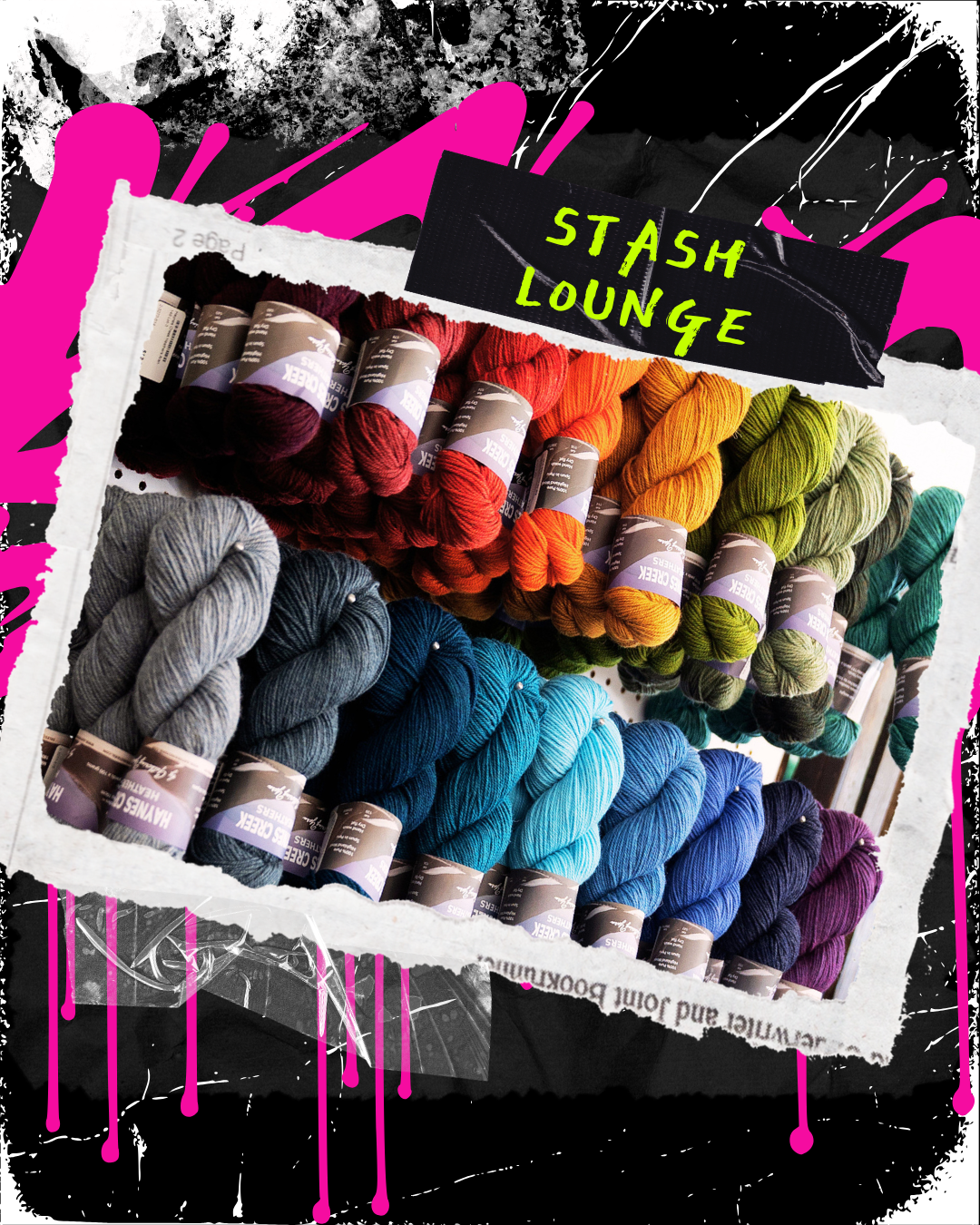 Colourful yarn, Pride flag references, and craft materials arranged for STASH Lounge’s family-friendly rainbow wall-hanging workshop in Inglewood.