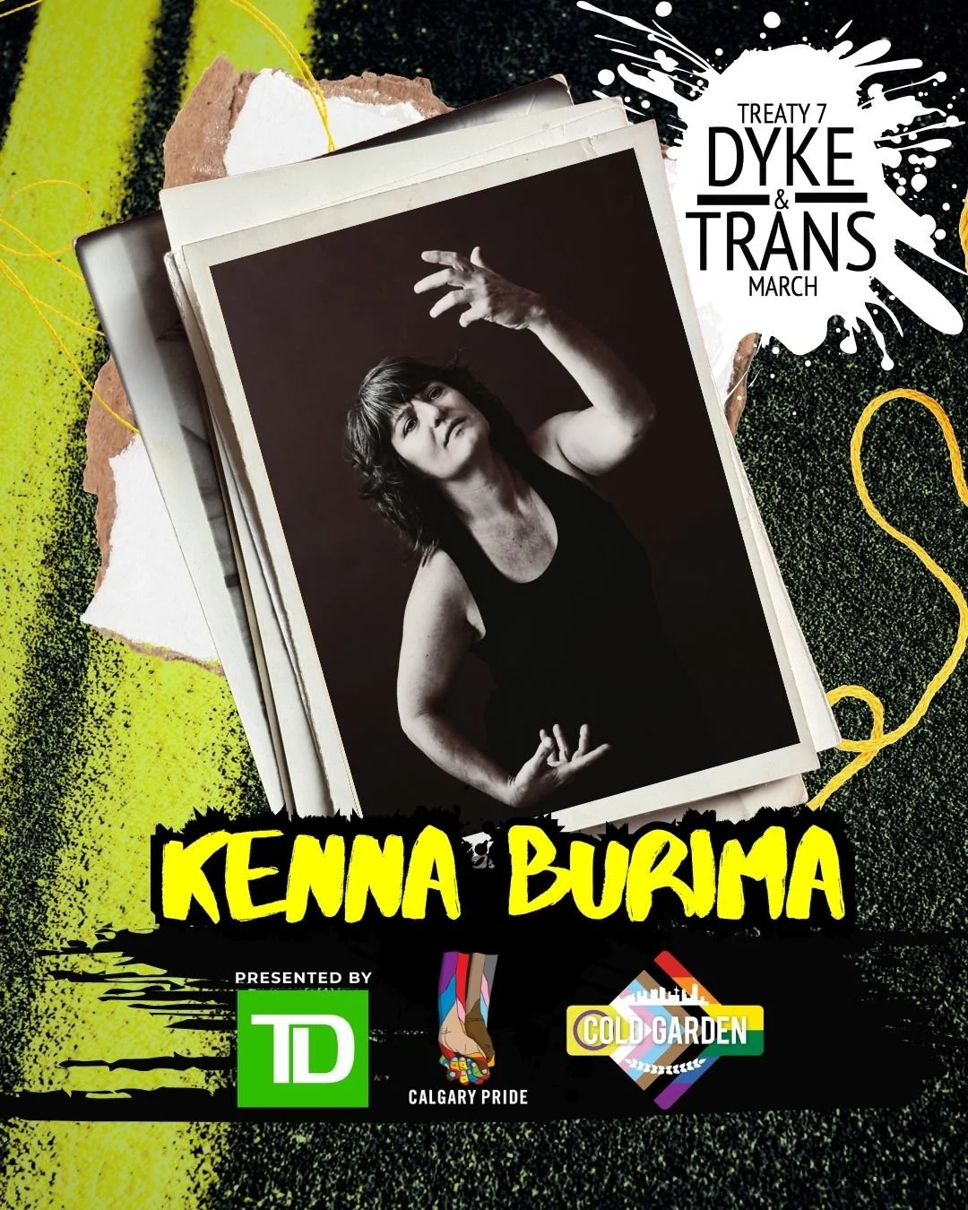 Kenna Burima poses against a warm reddish-brown background in a black sleeveless top, one arm raised expressively above her head and the other bent near her waist. Her portrait appears in a gritty black, white and neon-yellow Pride graphic with Tre