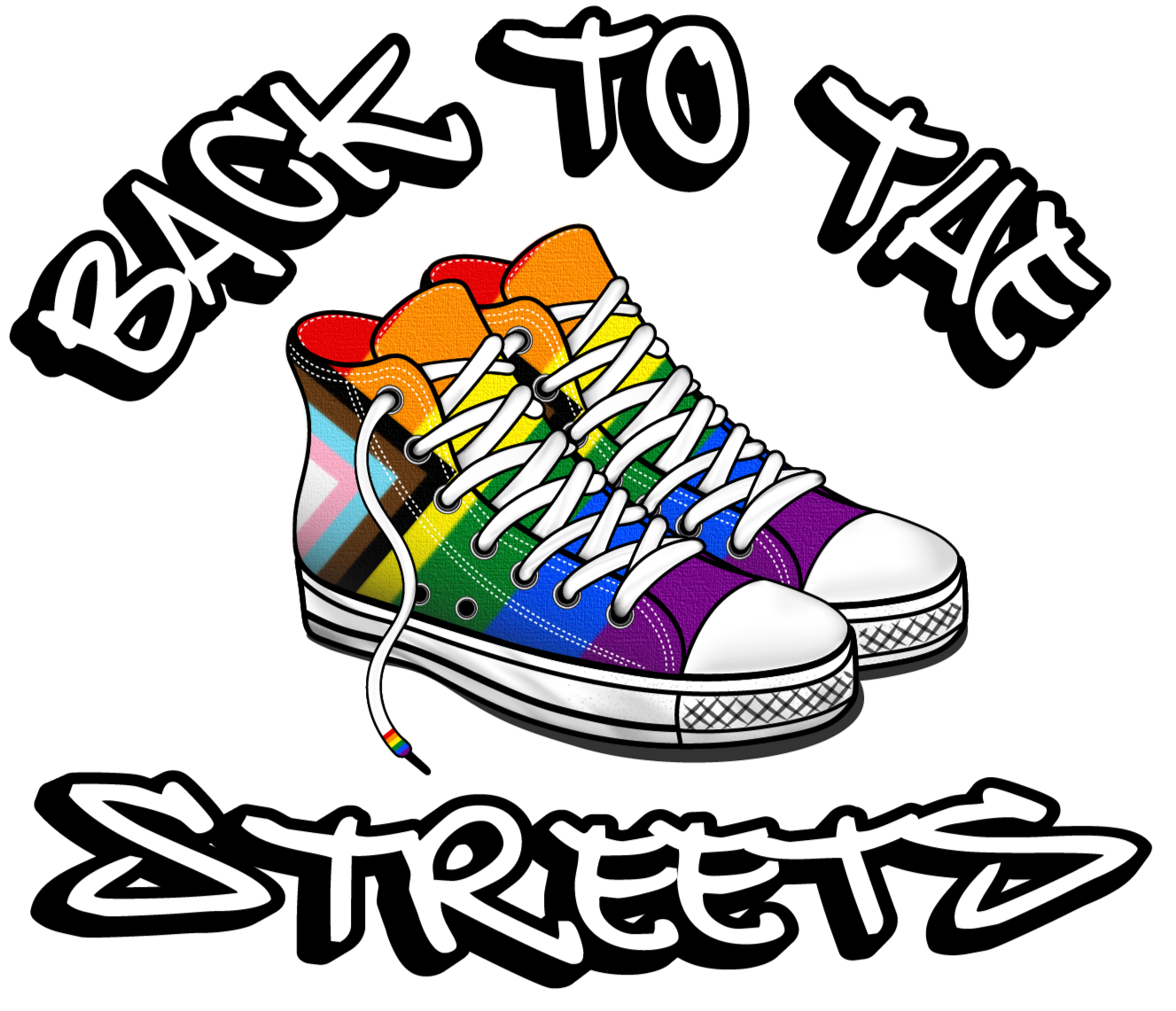 Back to the Streets logo featuring rainbow plaid high-top sneakers and distressed black lettering.