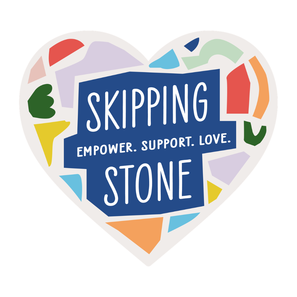 Skipping Stone logo featuring a heart-shaped graphic with the words “Skipping Stone” and “Empower. Support. Love.