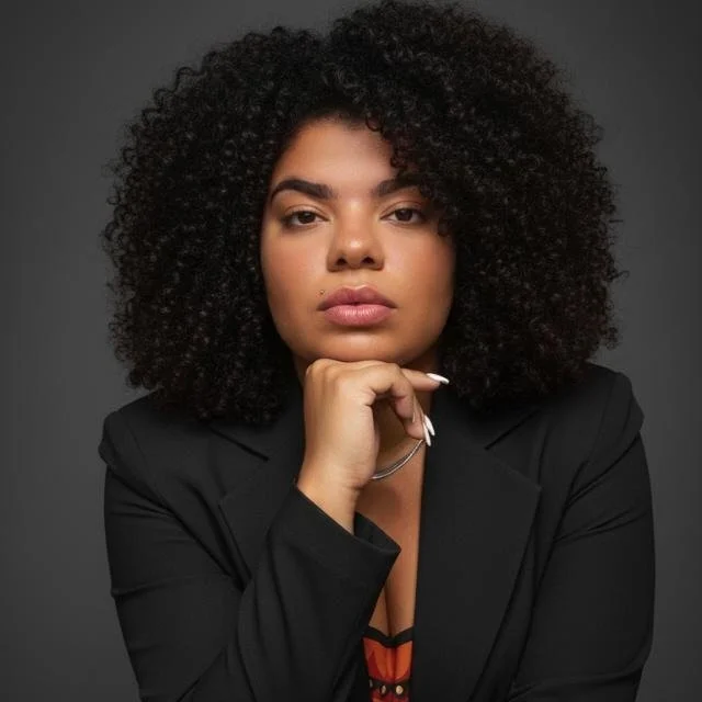 Mulher com cabelo cacheado, usando roupa preta, olhando para a câmera, com expressão séria, fundo cinza.