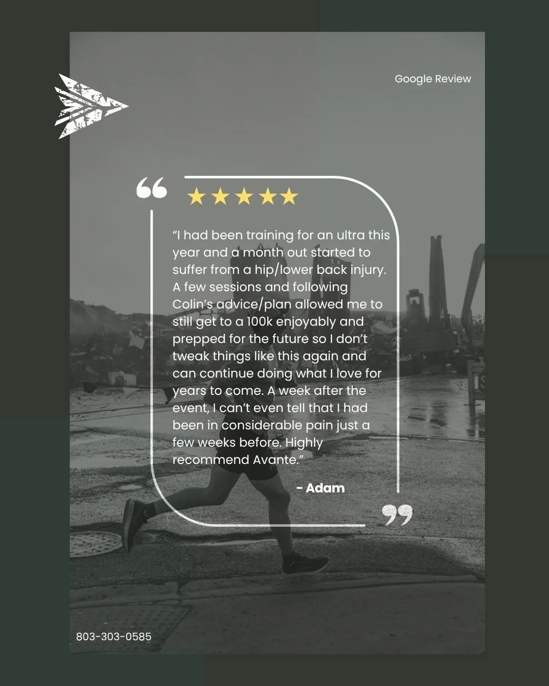 Are you a runner in Columbia, SC dealing with pain?

Colin helped this ultra runner meet his 100k goals without having to pull out of the race after experiencing some hip and back pain a month out from race day. 

Schedule an eval at Avante with Coli