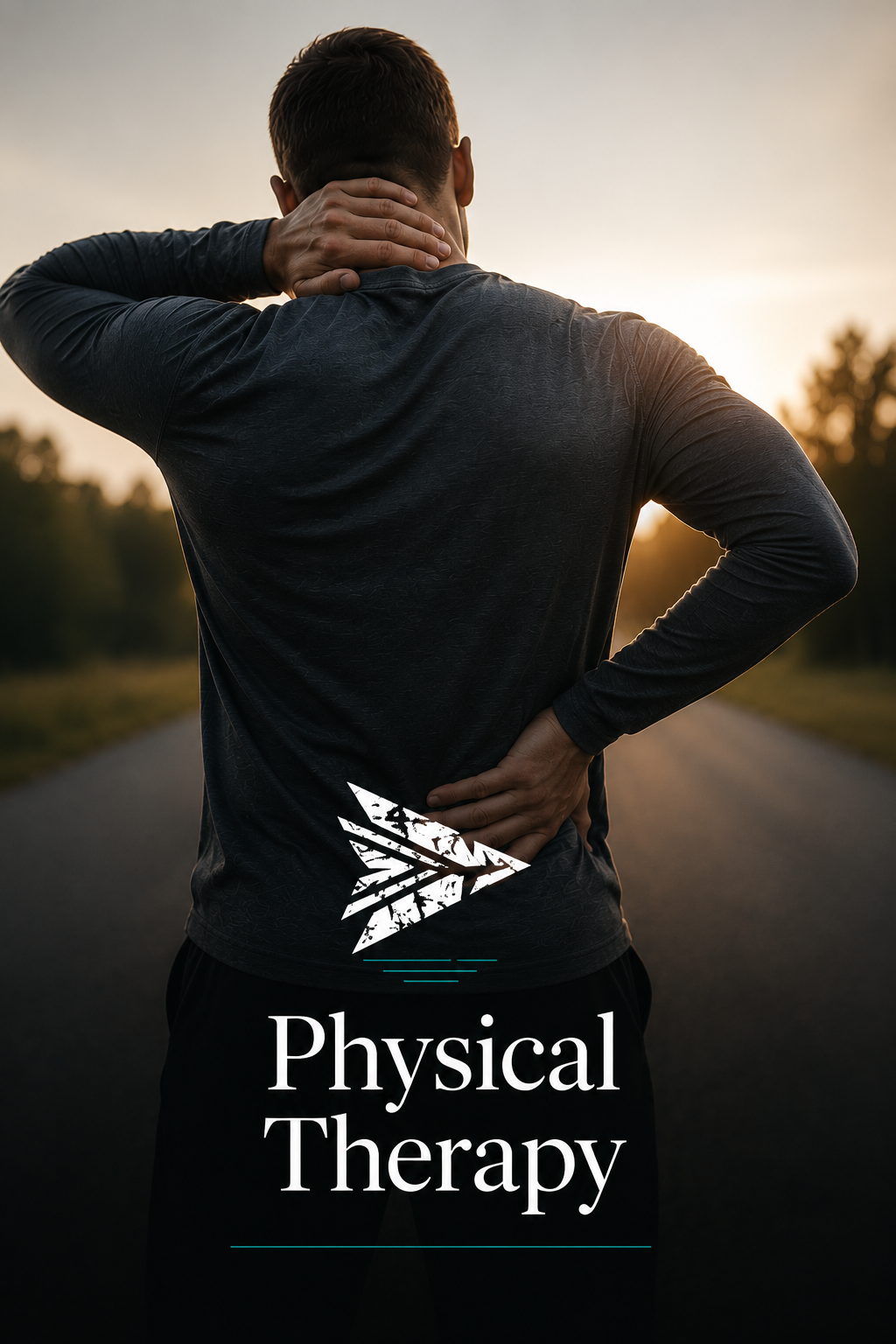 A man in a black athletic shirt standing outdoors on a road at sunset, touching his neck and lower back, with the words 'Physical Therapy' and a stylized arrow logo overlaid on the image.