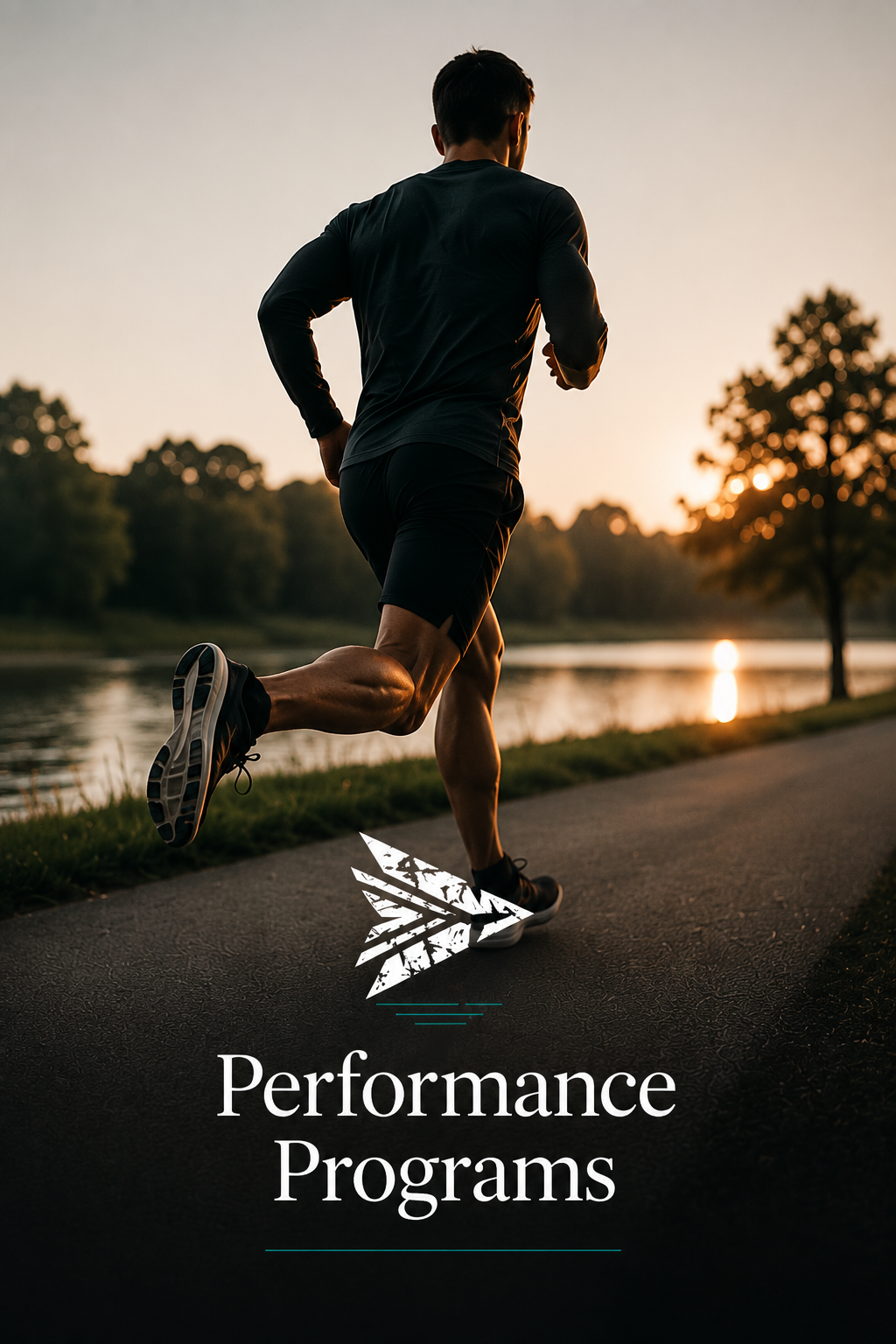A man jogging along a lakeside trail during sunset, with trees and the water in the background, promoting performance programs.