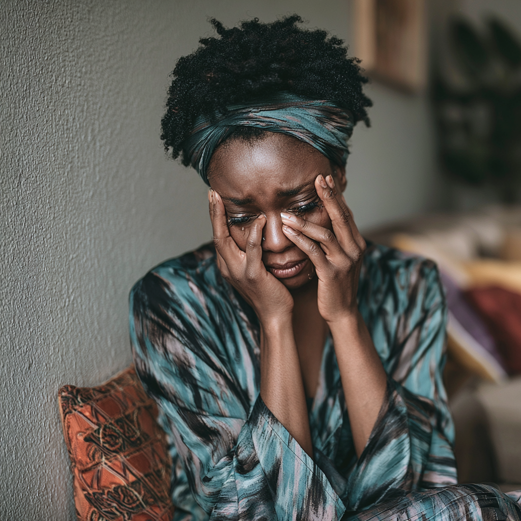 A woman with curly hair and a headscarf sits against a wall, holding her face with both hands and appearing upset or distressed.