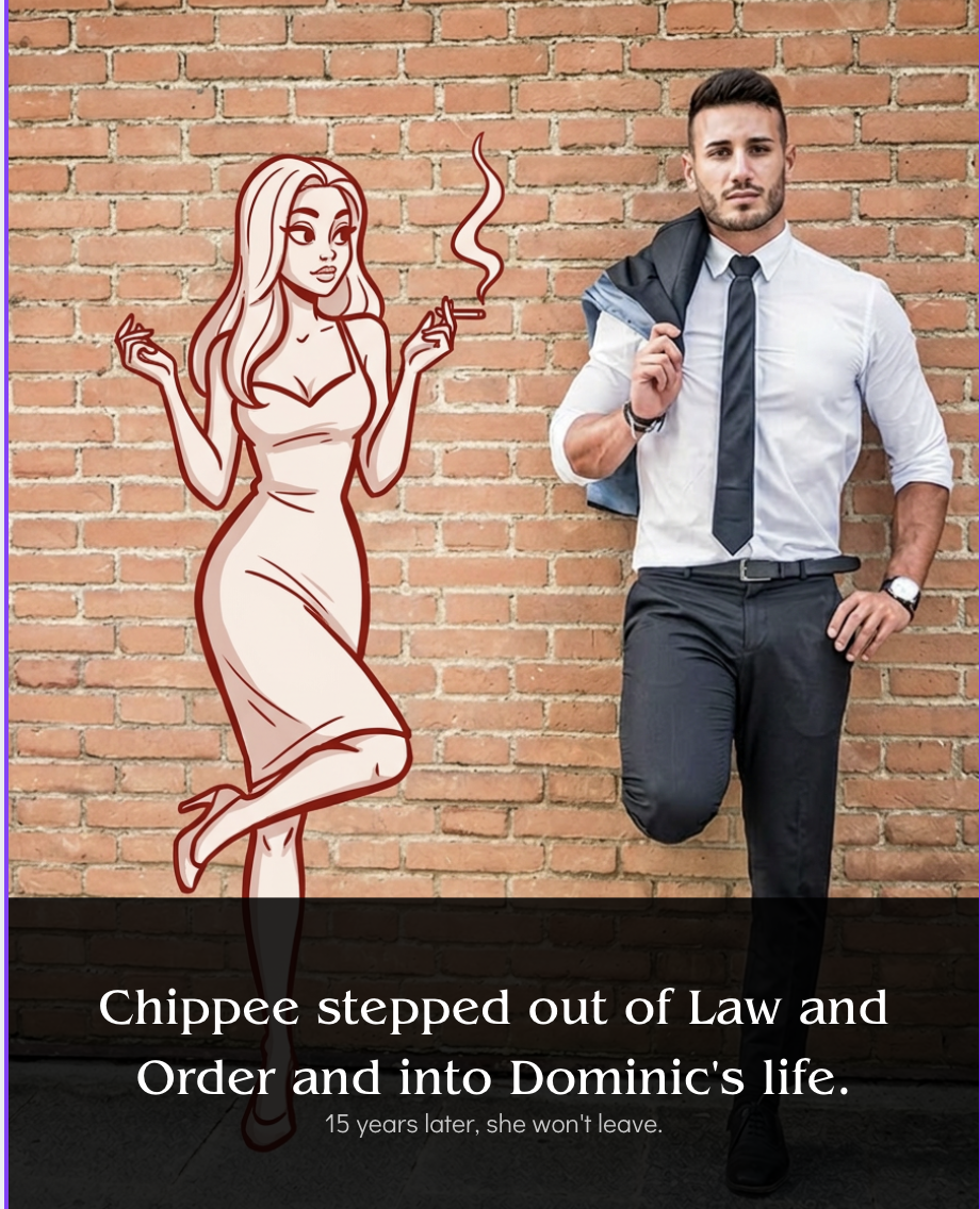 A young man in a white dress shirt, black tie, and black pants leaning against a brick wall with one leg bent, holding a jacket over his shoulder. Next to him, a cartoon-style illustration of a woman with long hair, wearing a dress, holding a cigarette, with smoke rising from it, standing in front of the brick wall.