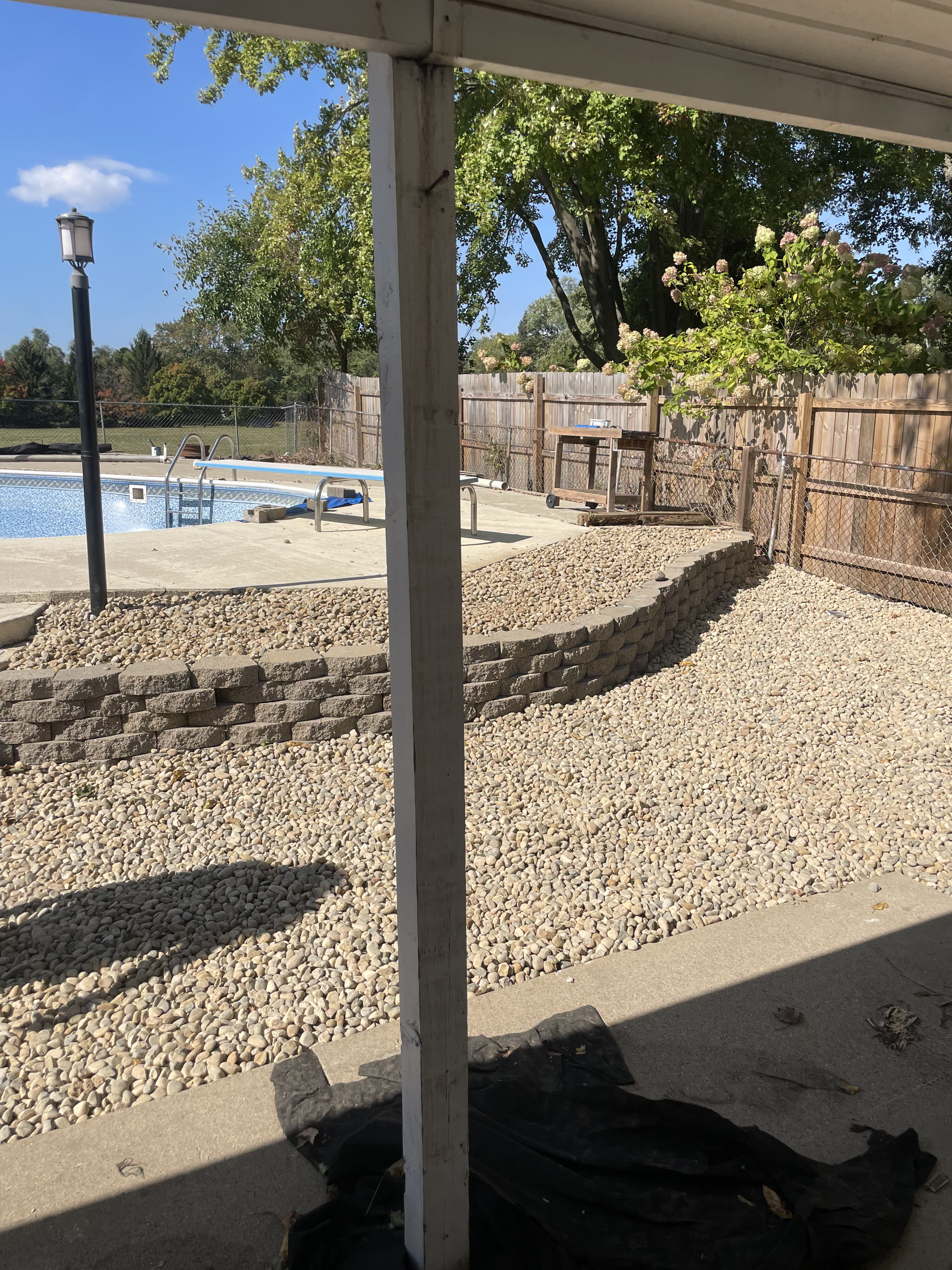 View of a backyard with a swimming pool, surrounded by a wooden fence, trees with green leaves, and a clear blue sky.