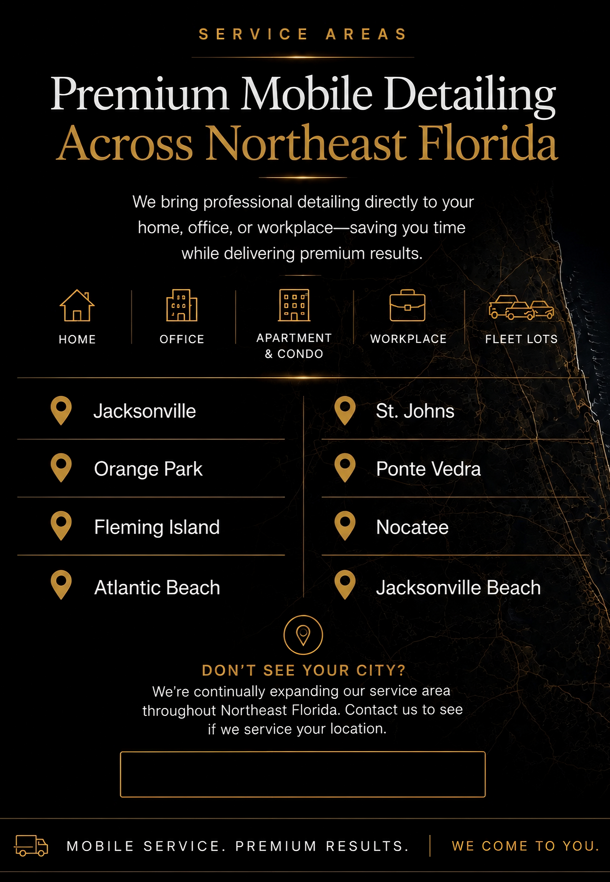 Map of service areas in Northeast Florida, including Jacksonville, Orange Park, Fleming Island, Atlantic Beach, St. Johns, Ponte Vedra, Nocatee, Jacksonville Beach, with icons indicating service locations.