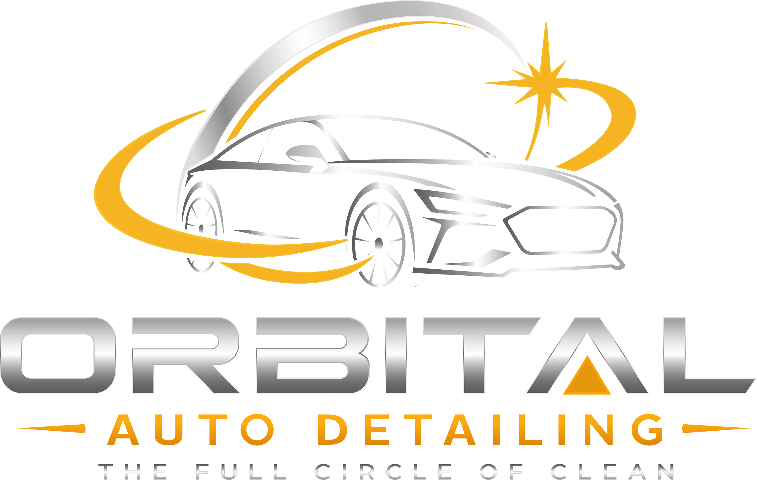 Logo for Orbit Auto Detailing featuring a stylized white and gray sports car with a gold swoosh and star, with the words 'Orbit Auto Detailing' and tagline 'The Full Circle of Clean'.