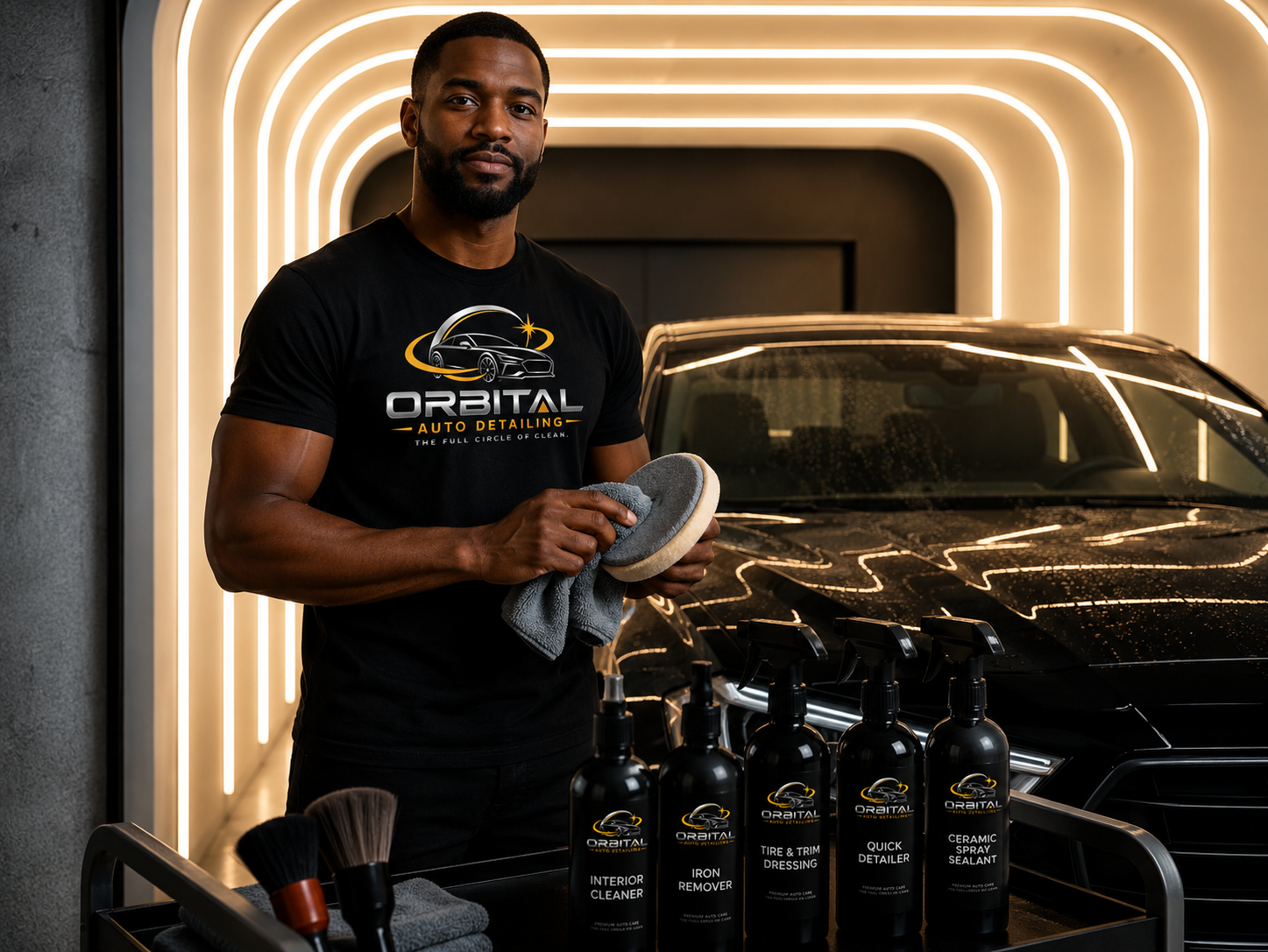 A man in a black T-shirt with 'Orbital Auto Detailing' logo holding a polishing pad and towel next to a black car inside a modern, illuminated car detailing shop with bottles of auto detailing products on a table.