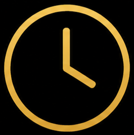 A black clock with gold outline and hands showing 3:00.