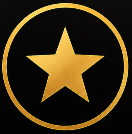 Gold star inside a gold circle on a black background.