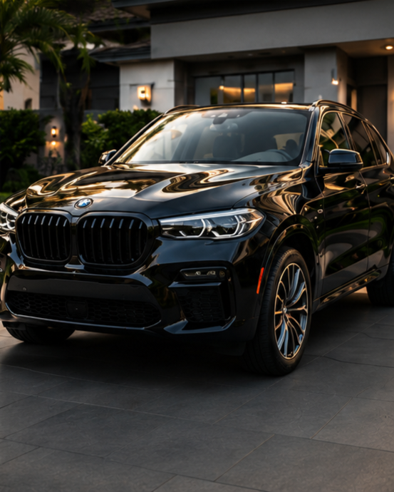 A black BMW SUV parked outside a modern residential building with trees and warm lighting.