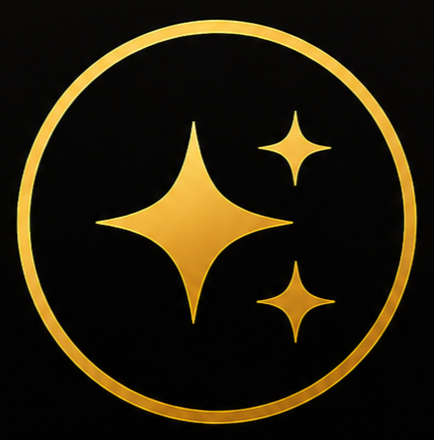 Golden logo with three star-like shapes inside a circle on a black background.