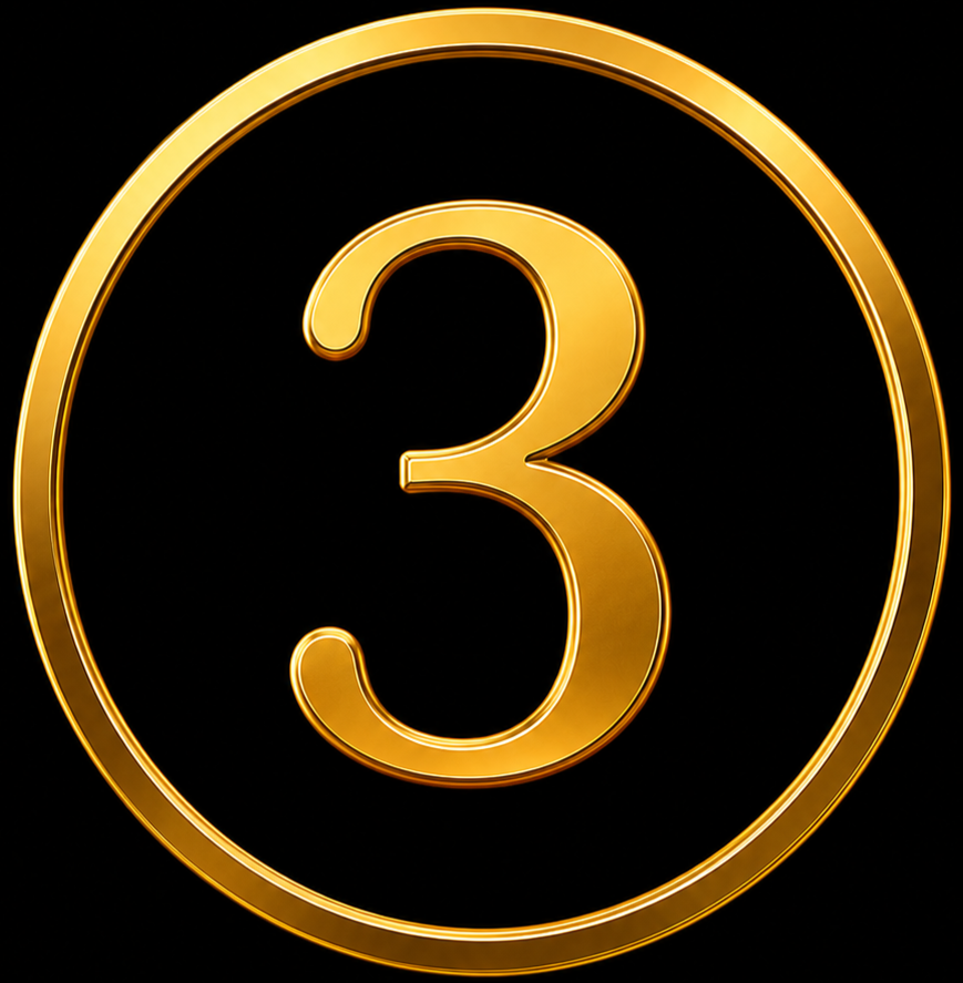 A shiny gold number three inside a gold circle against a black background.