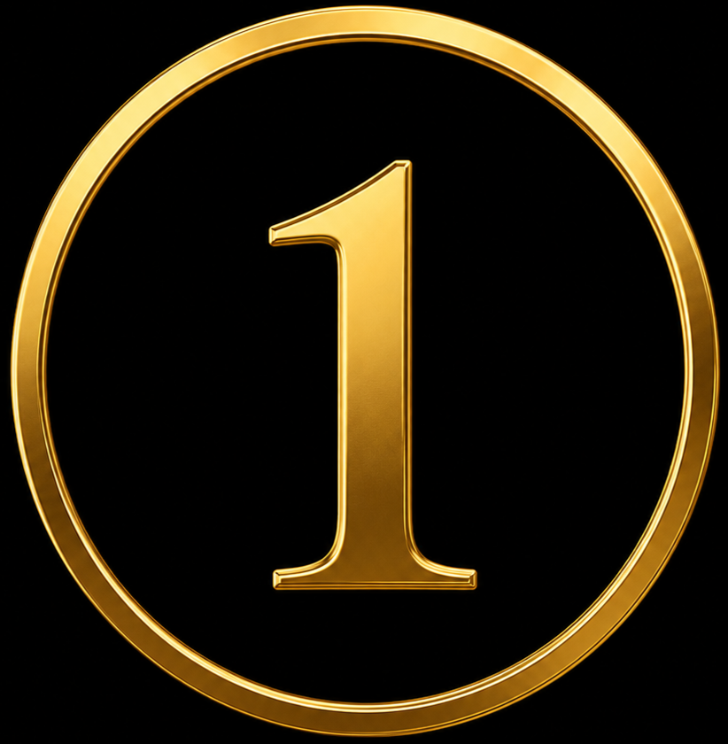 Gold medal with the number one inside a gold border on a black background.