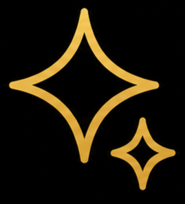 Two gold star-shaped sparkles on a black background.