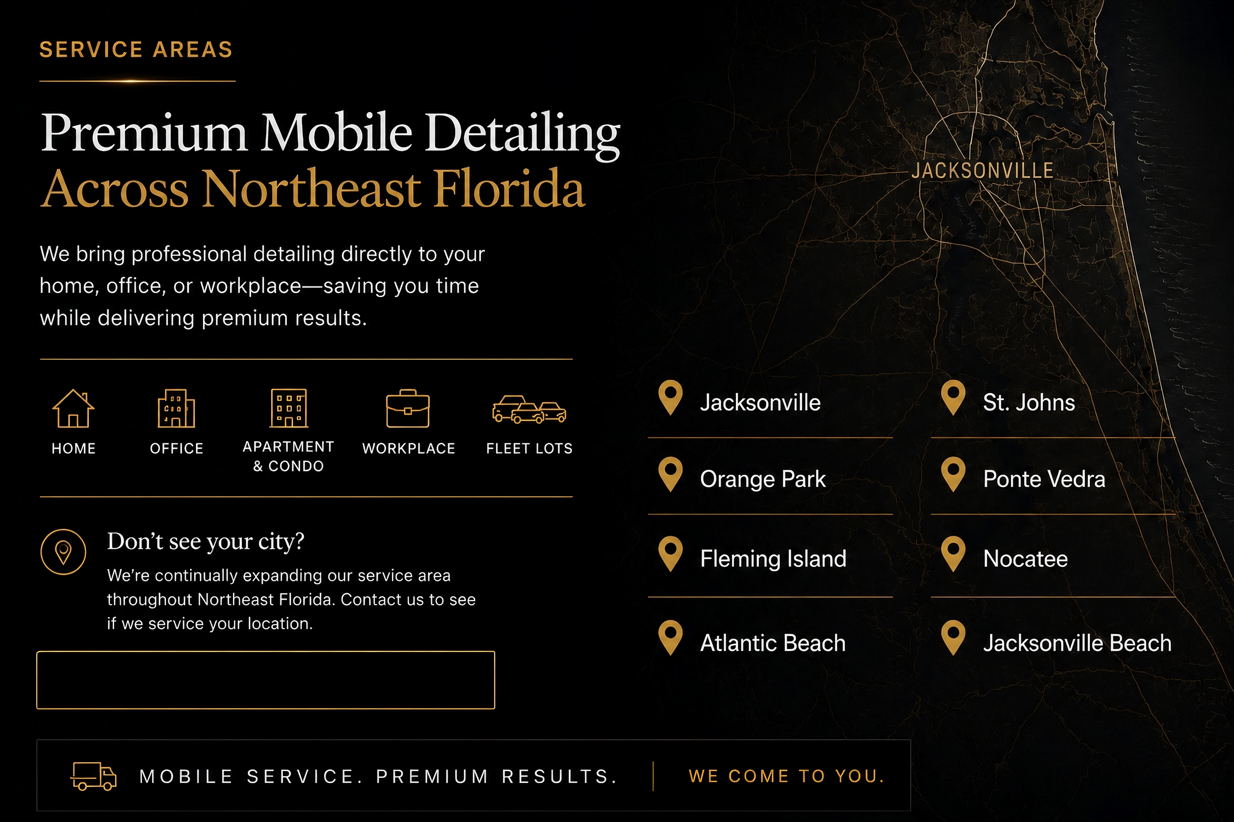 Webpage promoting premium mobile detailing services across Northeast Florida, featuring a map with city markers including Jacksonville, St. Johns, Orange Park, Ponte Vedra, Fleming Island, Nocatee, Atlantic Beach, and Jacksonville Beach.