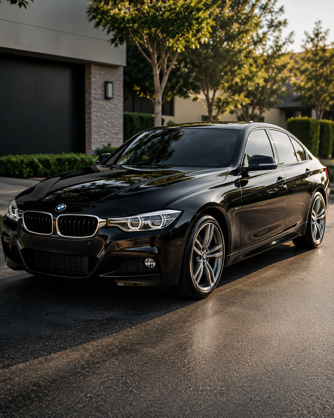 A black BMW sedan parked on a residential street during sunset with trees and houses in the background.