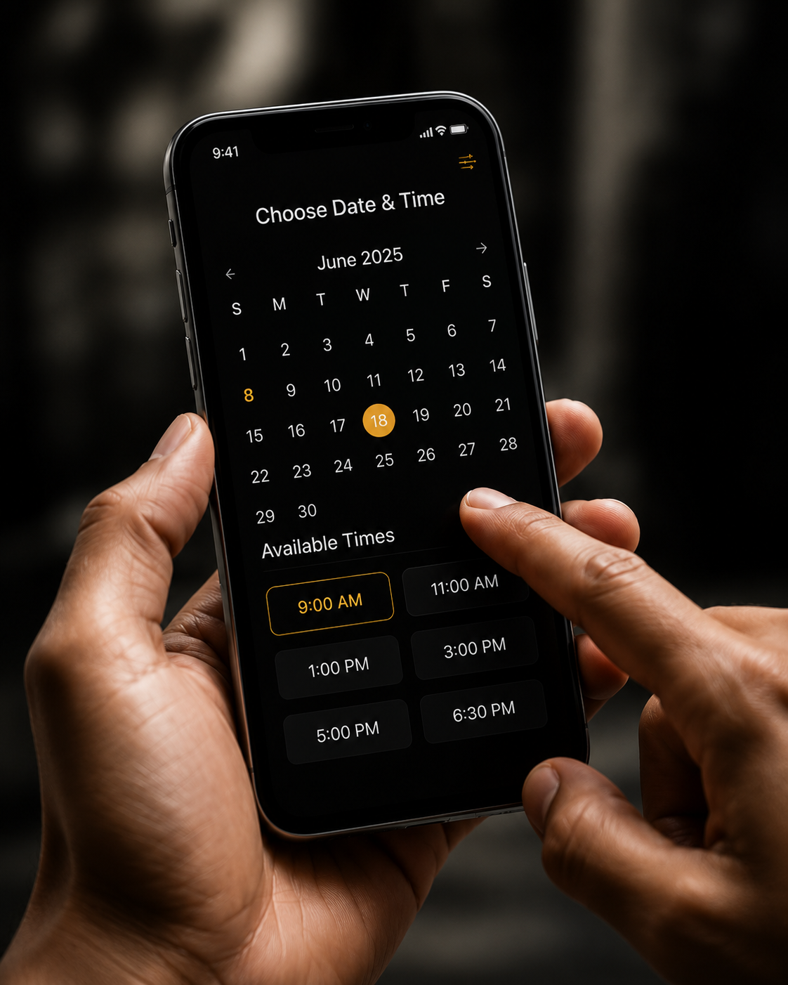 Person selecting a date and time on a smartphone calendar app with available time slots for scheduling an appointment.
