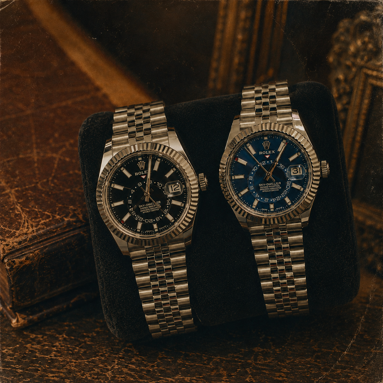 Two Rolex Sky-Dweller watches with metal bands, one black dial and one blue dial, resting on a black cushioned stand.