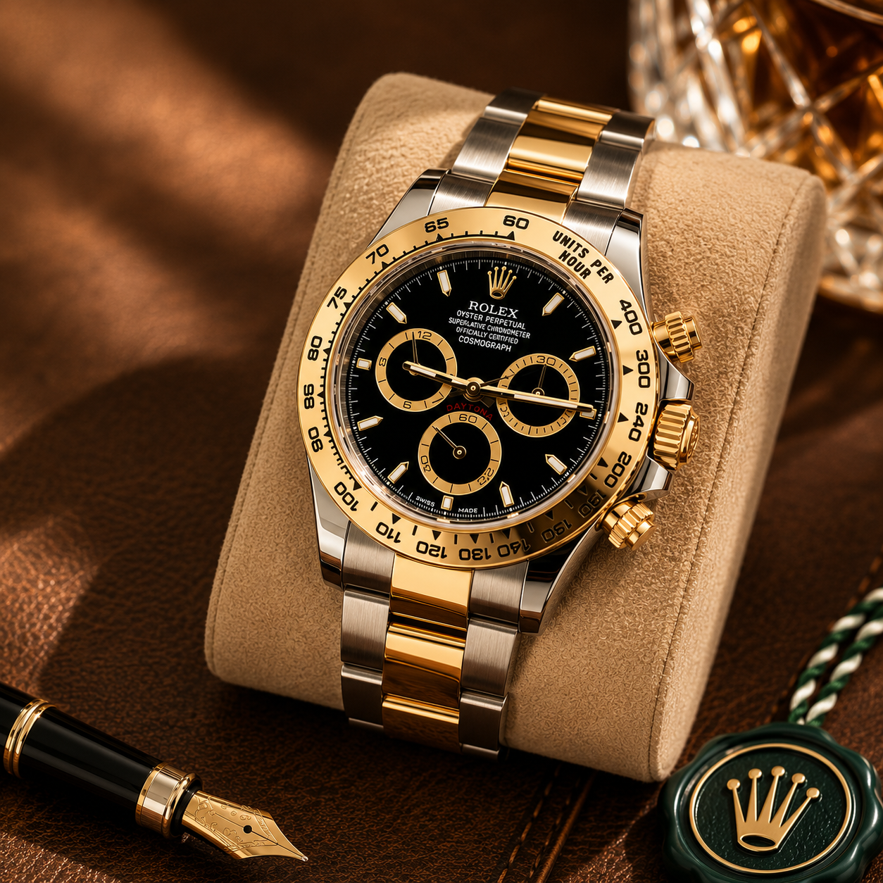 A luxury Rolex wristwatch with a black dial and gold accents, placed on a beige cushion. The watch has a two-tone gold and silver band, gold bezel, and three subdials. A green and gold Rolex emblem and a black and gold fountain pen are also visible nearby.