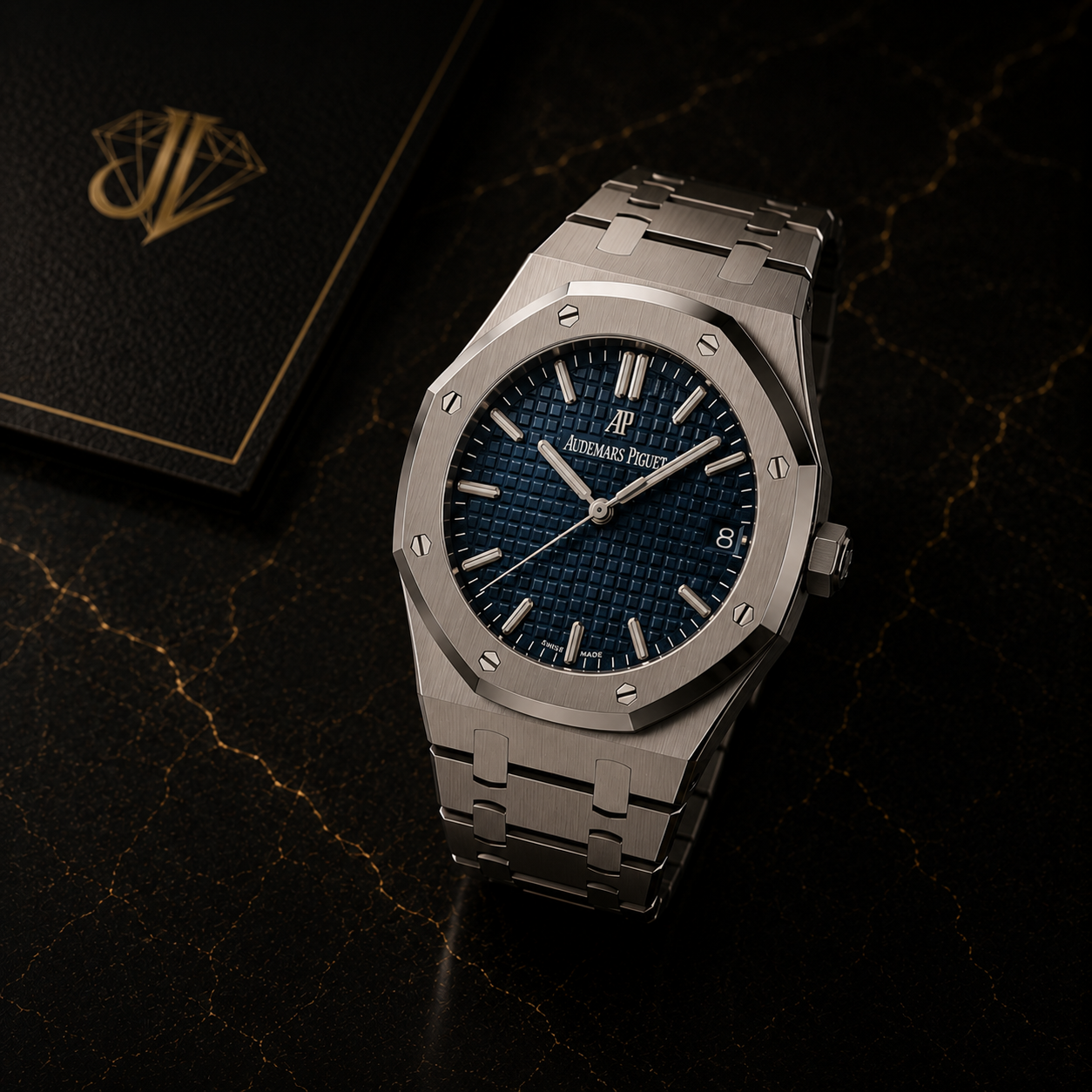 A luxury Audemars Piguet wristwatch with a stainless steel band and a blue textured dial, placed on a dark marble surface with gold veins, next to a black box with a gold logo.