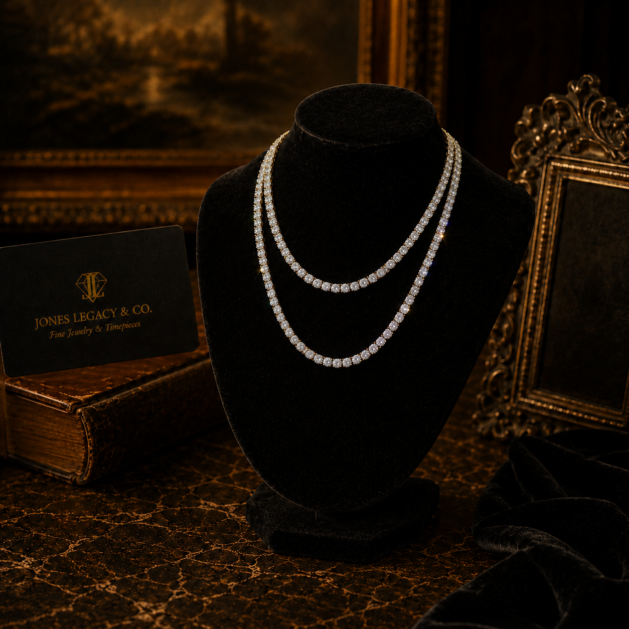 A display of three diamond necklaces draped over a black velvet bust in a luxury jewelry store, with frames and a vintage book in the background.
