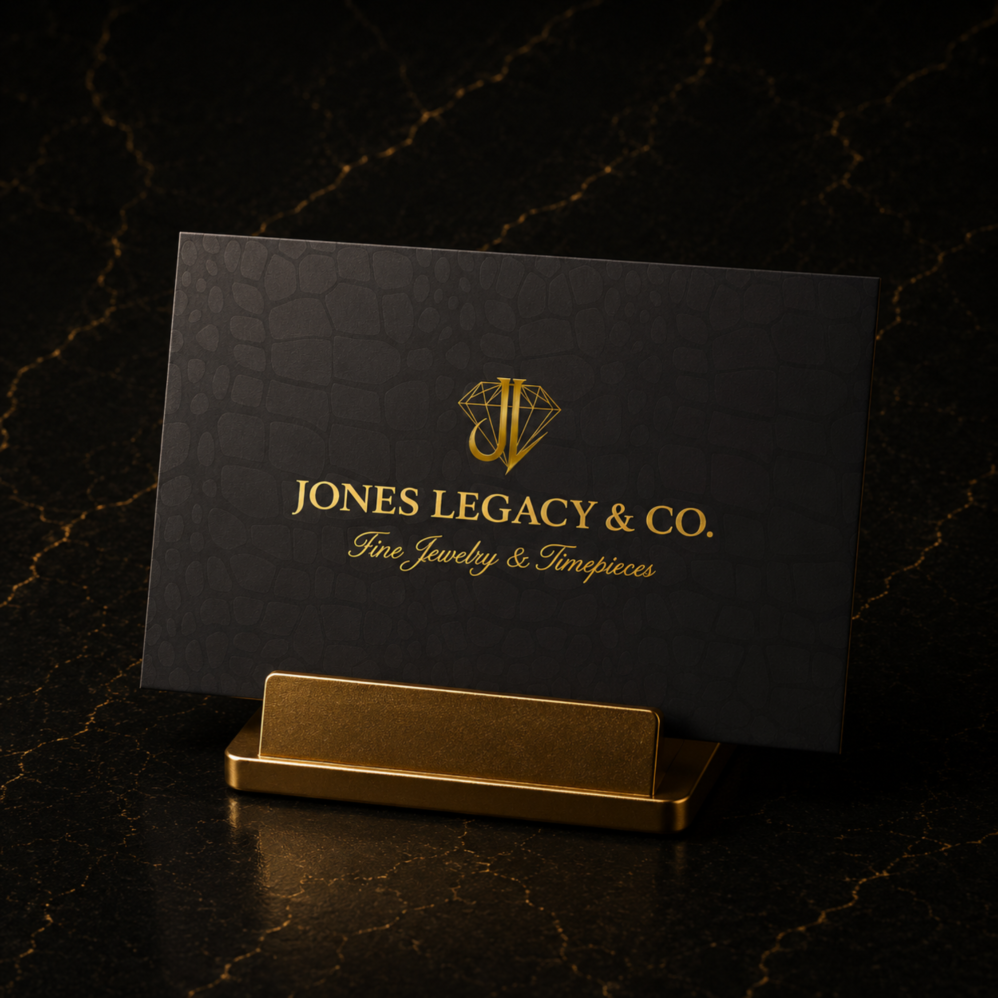 Close-up of a jewelry black card with gold embossed suit symbols and a blank gold card holder on a black marble surface.