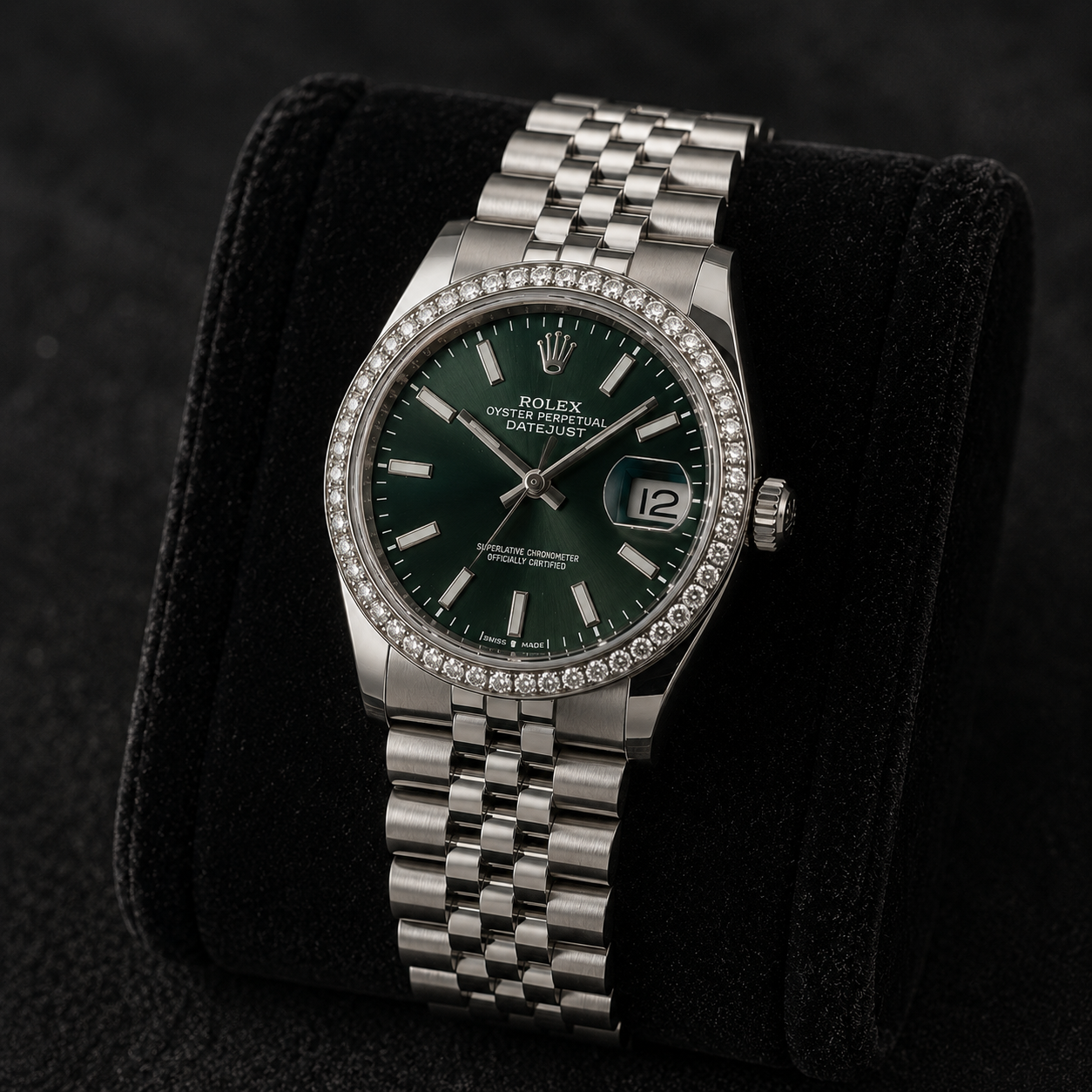 A luxury Rolex Oyster Perpetual Datejust wristwatch with a green dial, diamond bezel, and Jubilee bracelet, displayed on a black background.