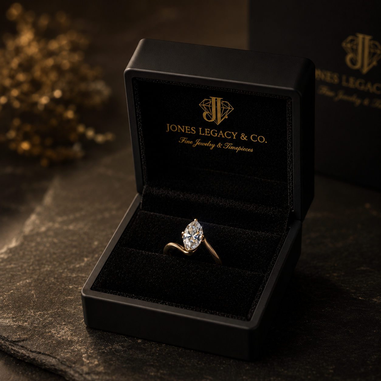 A diamond engagement ring with a large central stone in a black jewelry box with gold lettering and logo for Jones Legacy & Co. on a dark surface.
