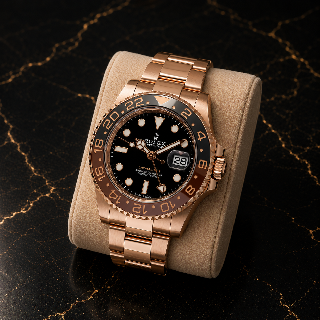 A luxurious rose gold Rolex GMT-Master II watch with a black dial and ceramic bezel, displayed on a beige cushioned stand on a black marble surface with gold veining.