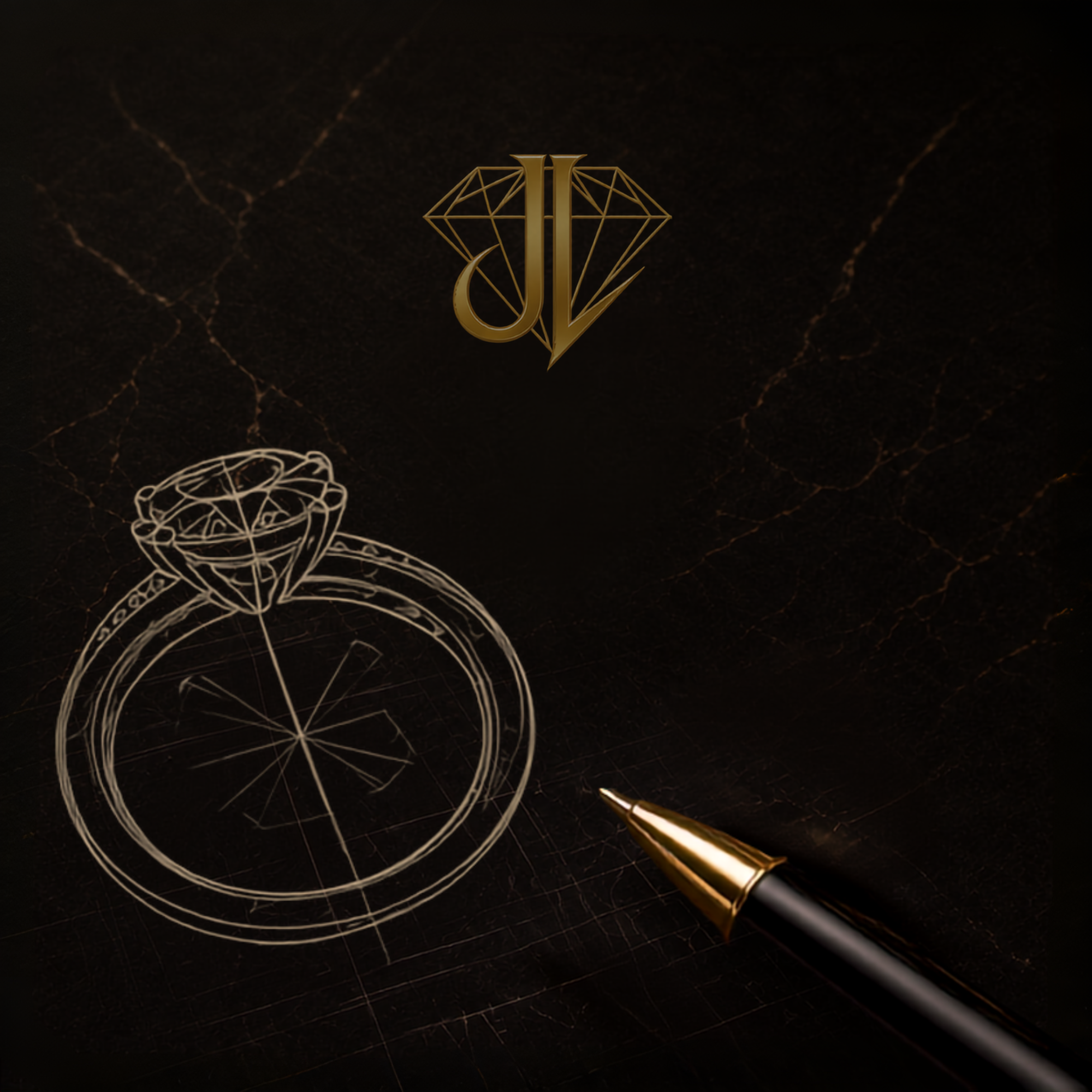 Close-up of a gold pen drawing a circular pattern on black marble surface with gold veins, gold logo with diamond shape and initials 'J' and 'L' above the pattern.