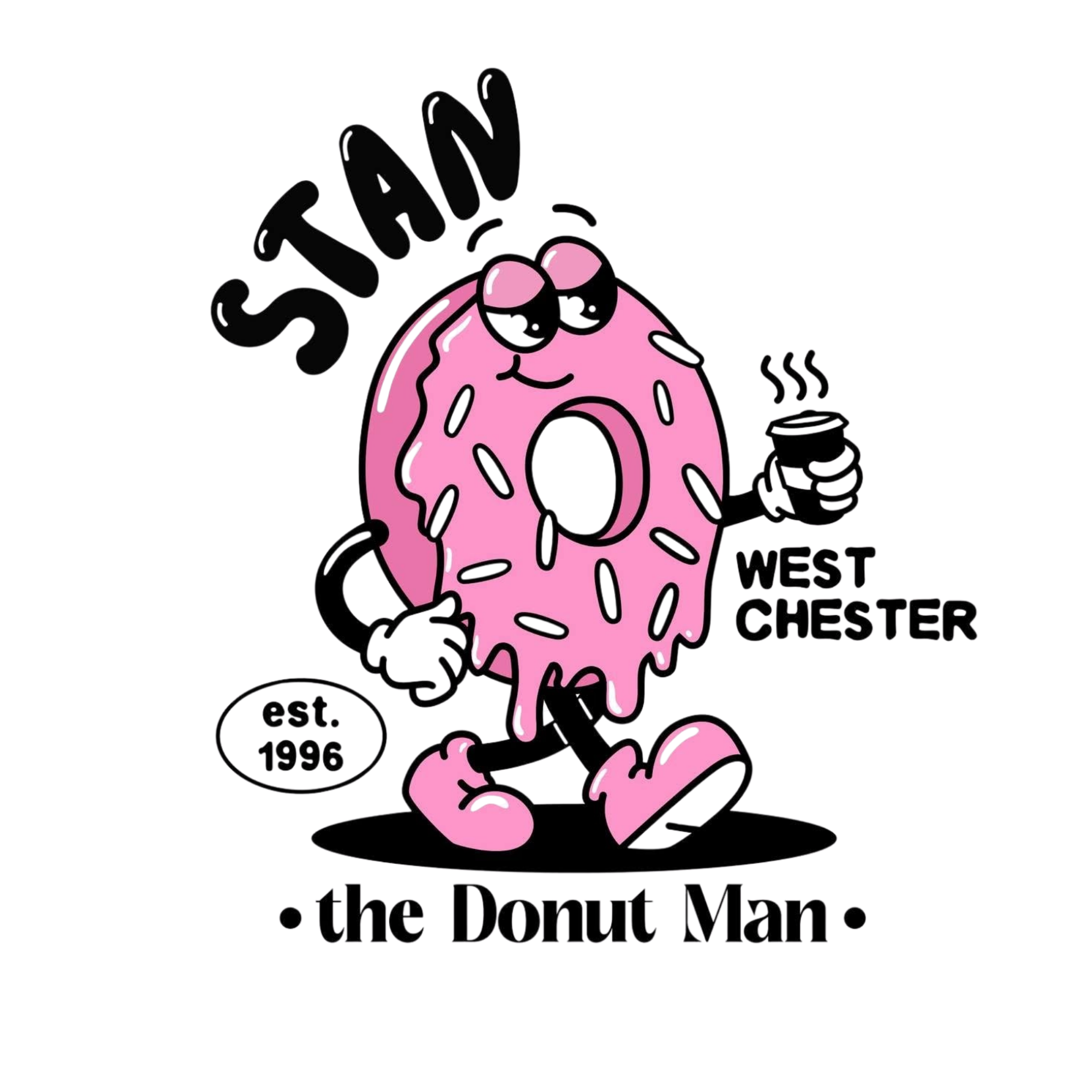 A pink donut with a smiley face, wearing sunglasses and holding a coffee mug, with the word 'Stoic' written above it.